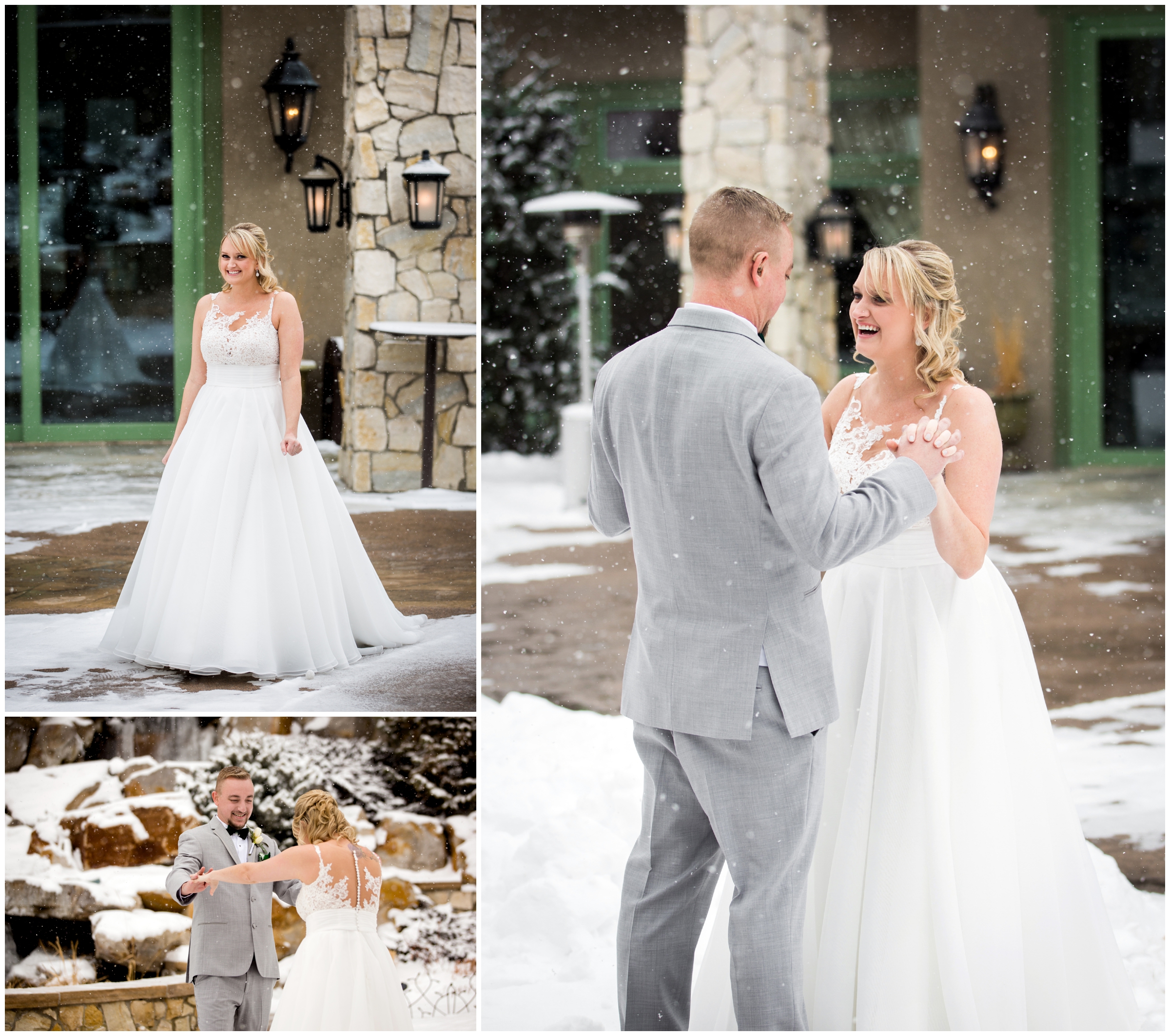 bride in groom doing Colorado wedding first look in the snow 
