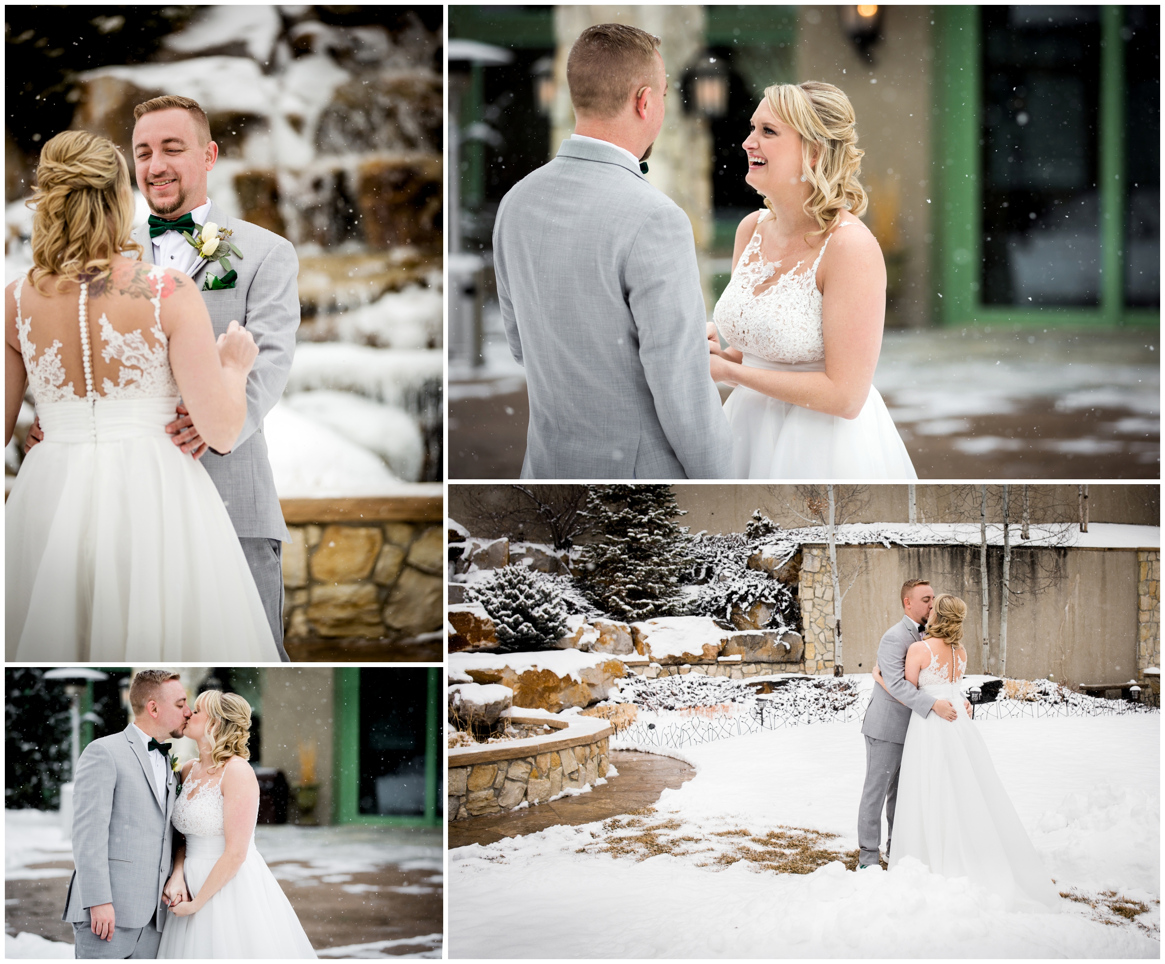 snowy Colorado wedding first look