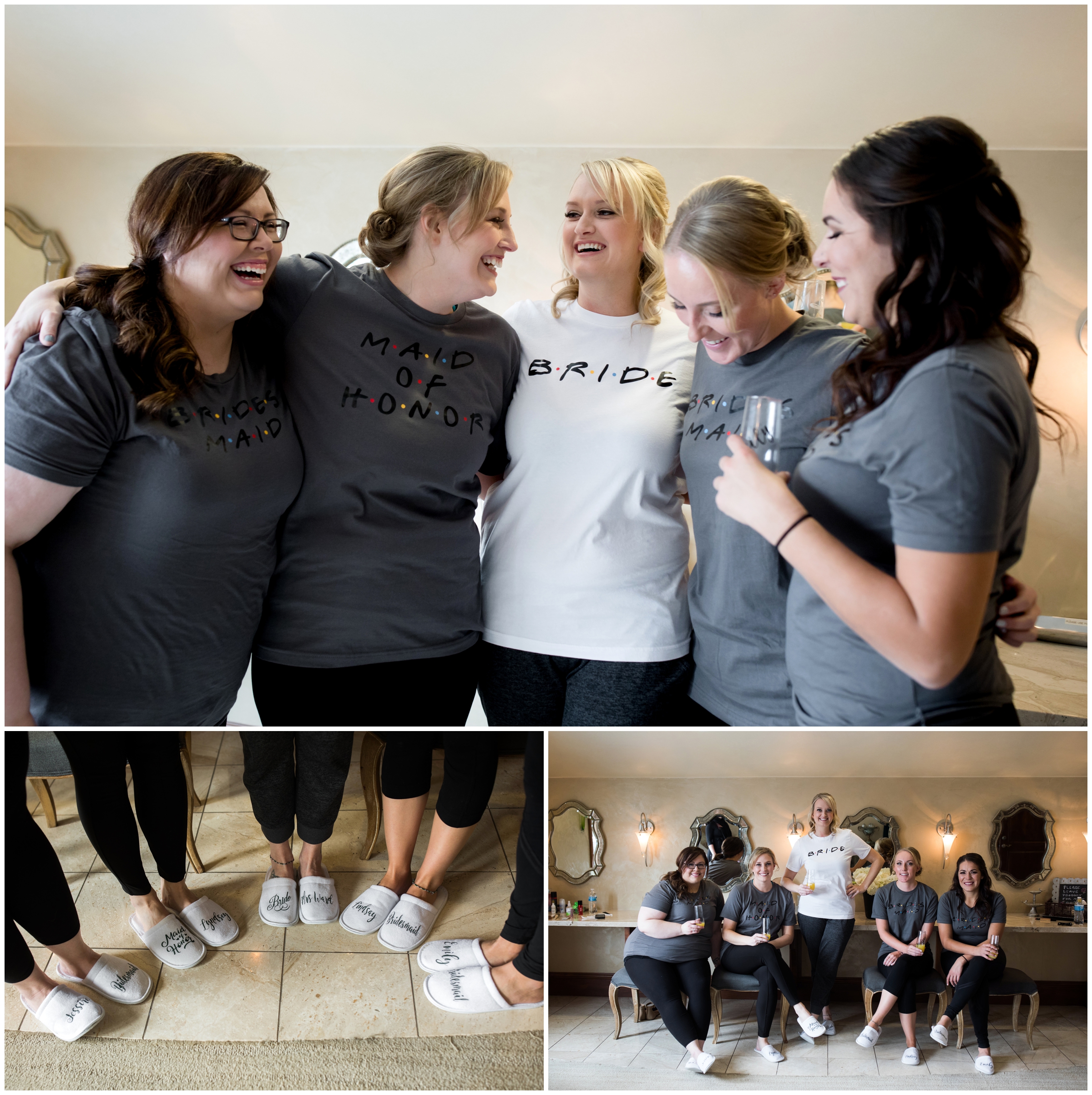 bridesmaids in friends style shirts 