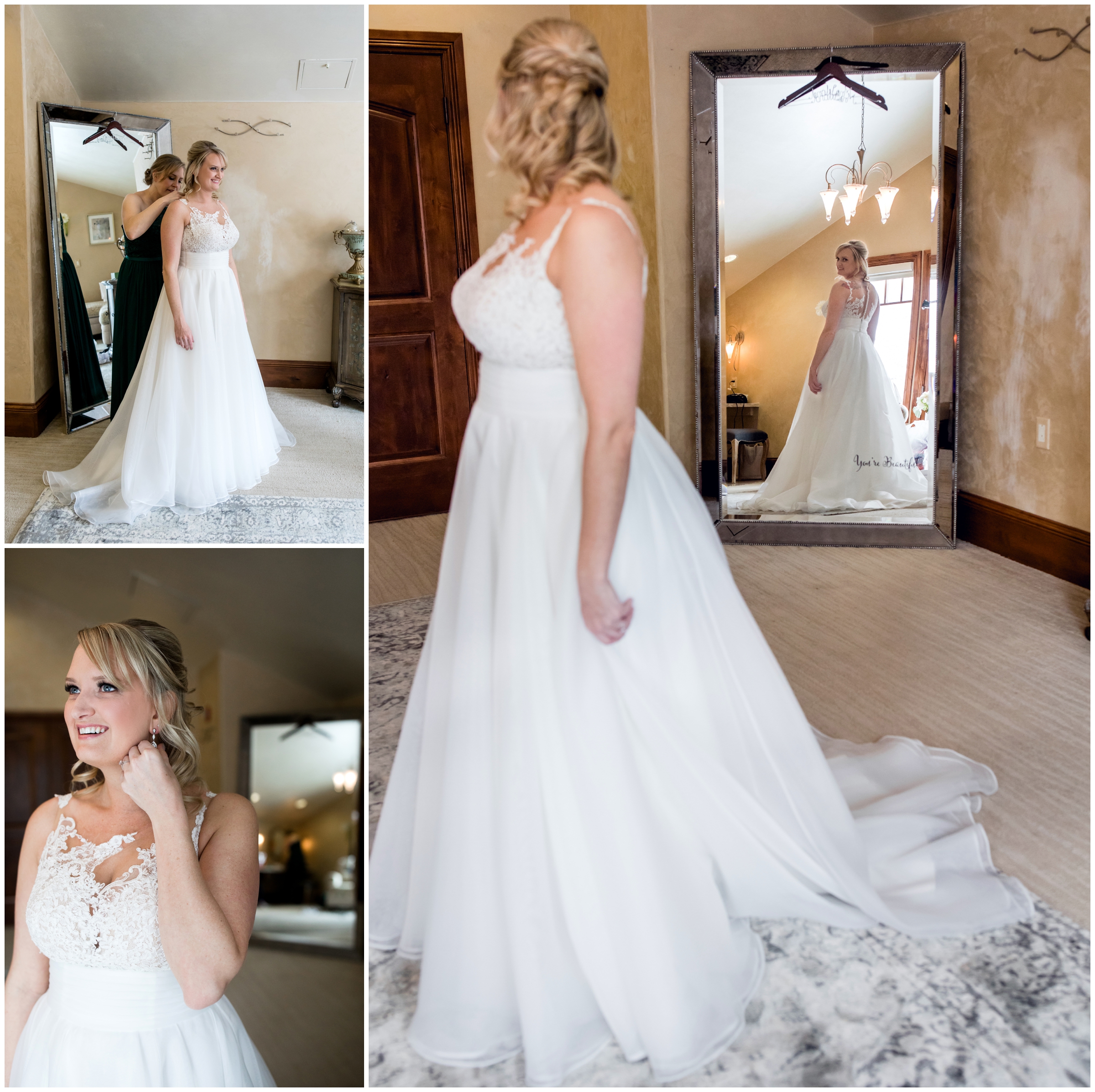 bride looking in mirror at Cielo Colorado bridal suite