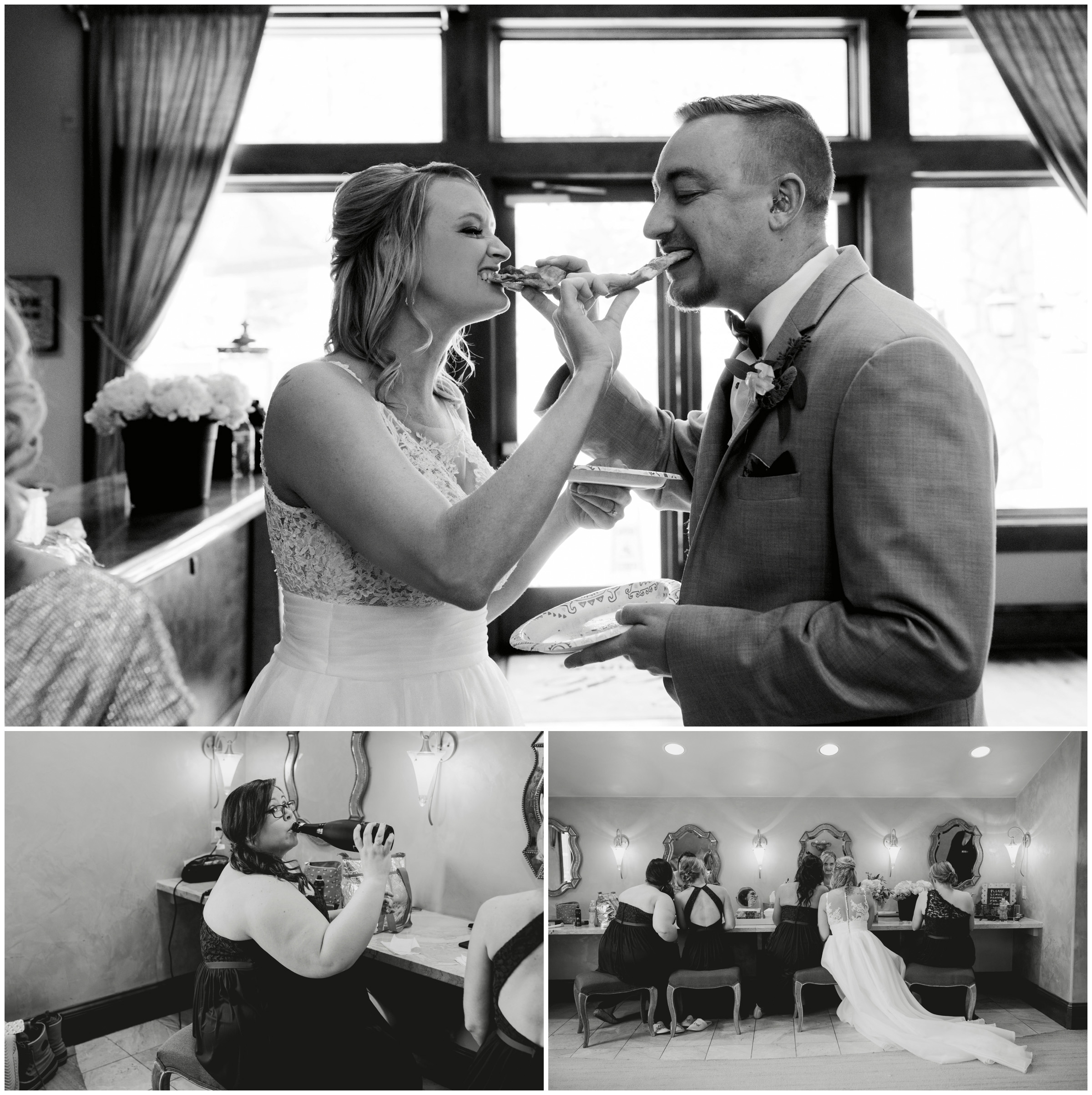 bride and groom eating pizza before Colorado wedding ceremony