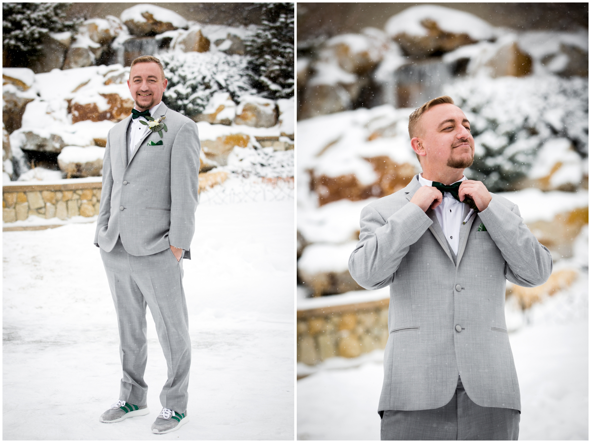 Colorado groom fixing his tie before winter wedding 