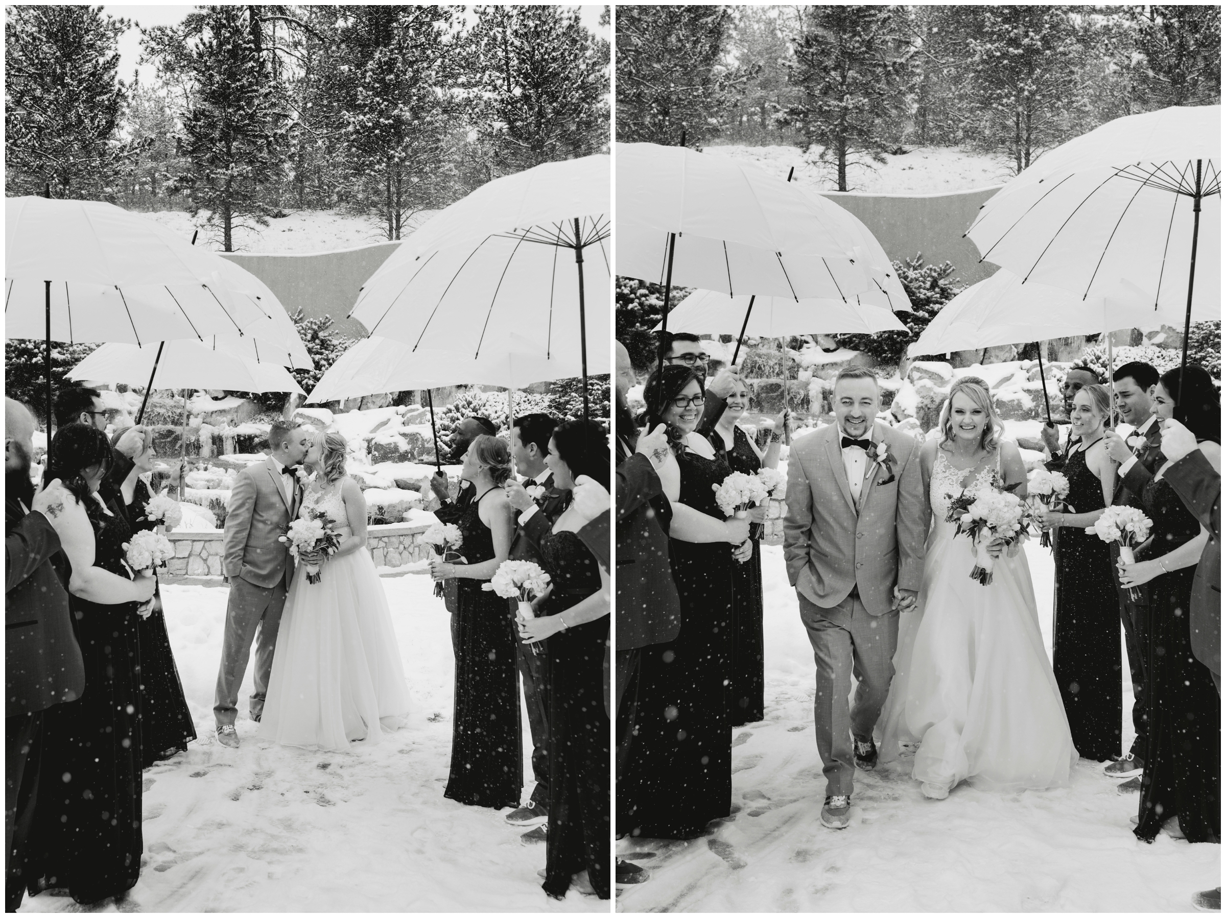 Colorado wedding party standing in snow during winter Cielo at Castle Pines wedding 