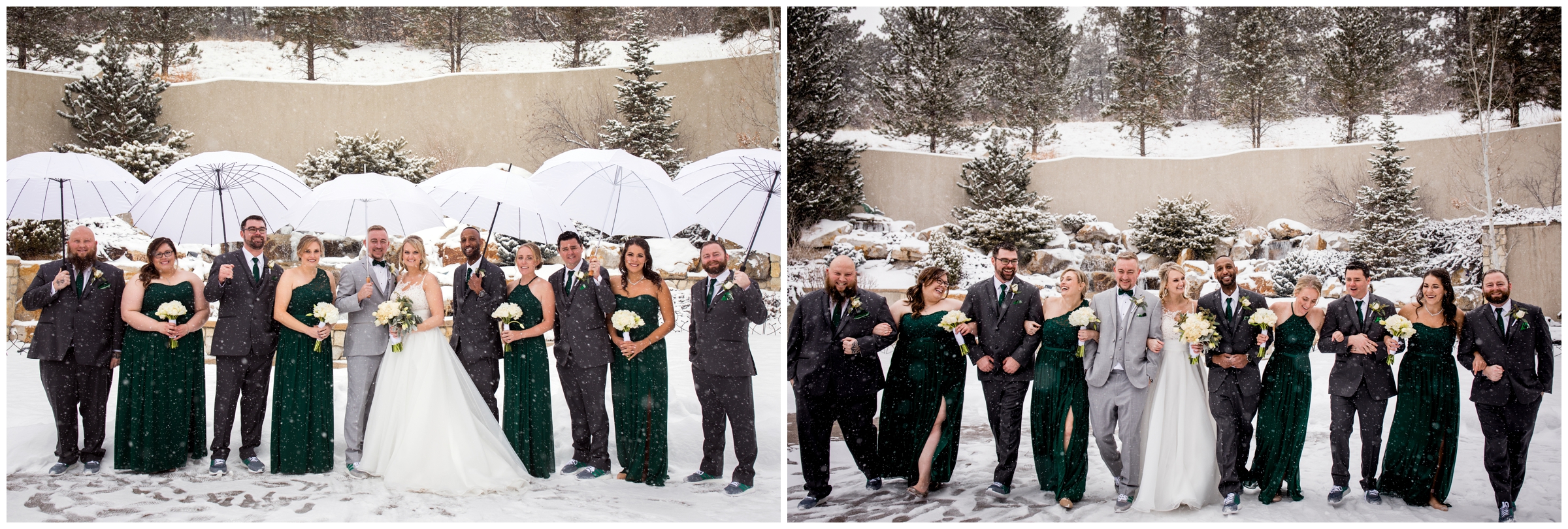bridal party in green and gray holding umbrellas in the snow 