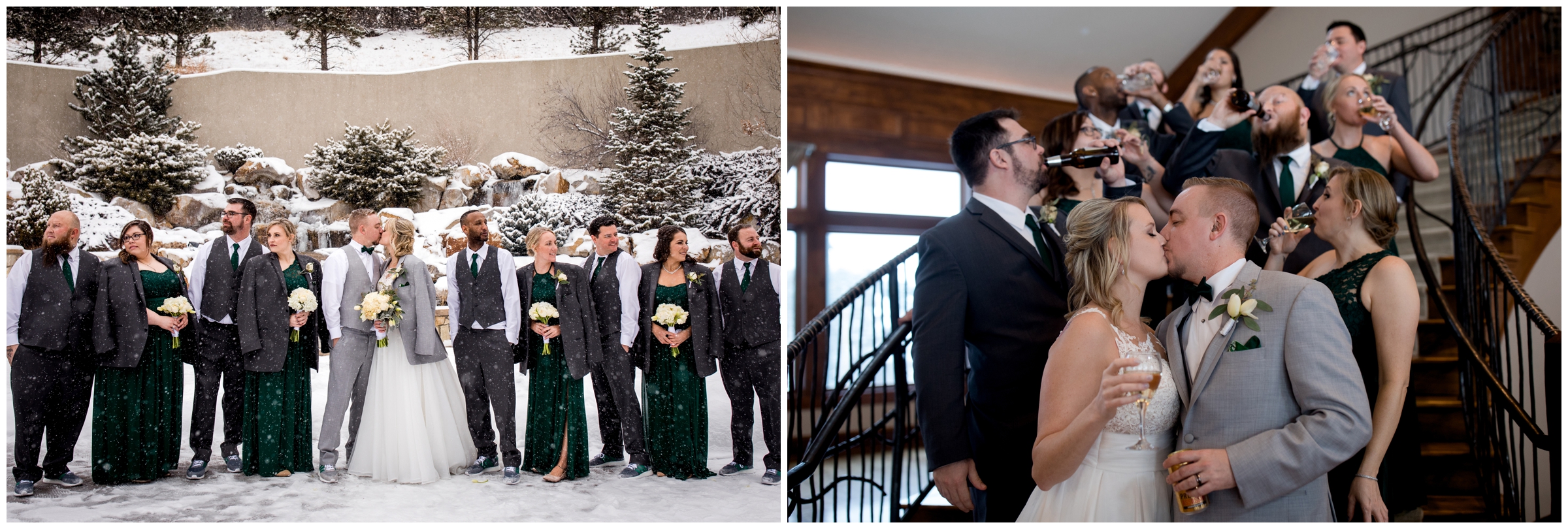 wedding party toasting on stairs at Cielo Castle Pines 