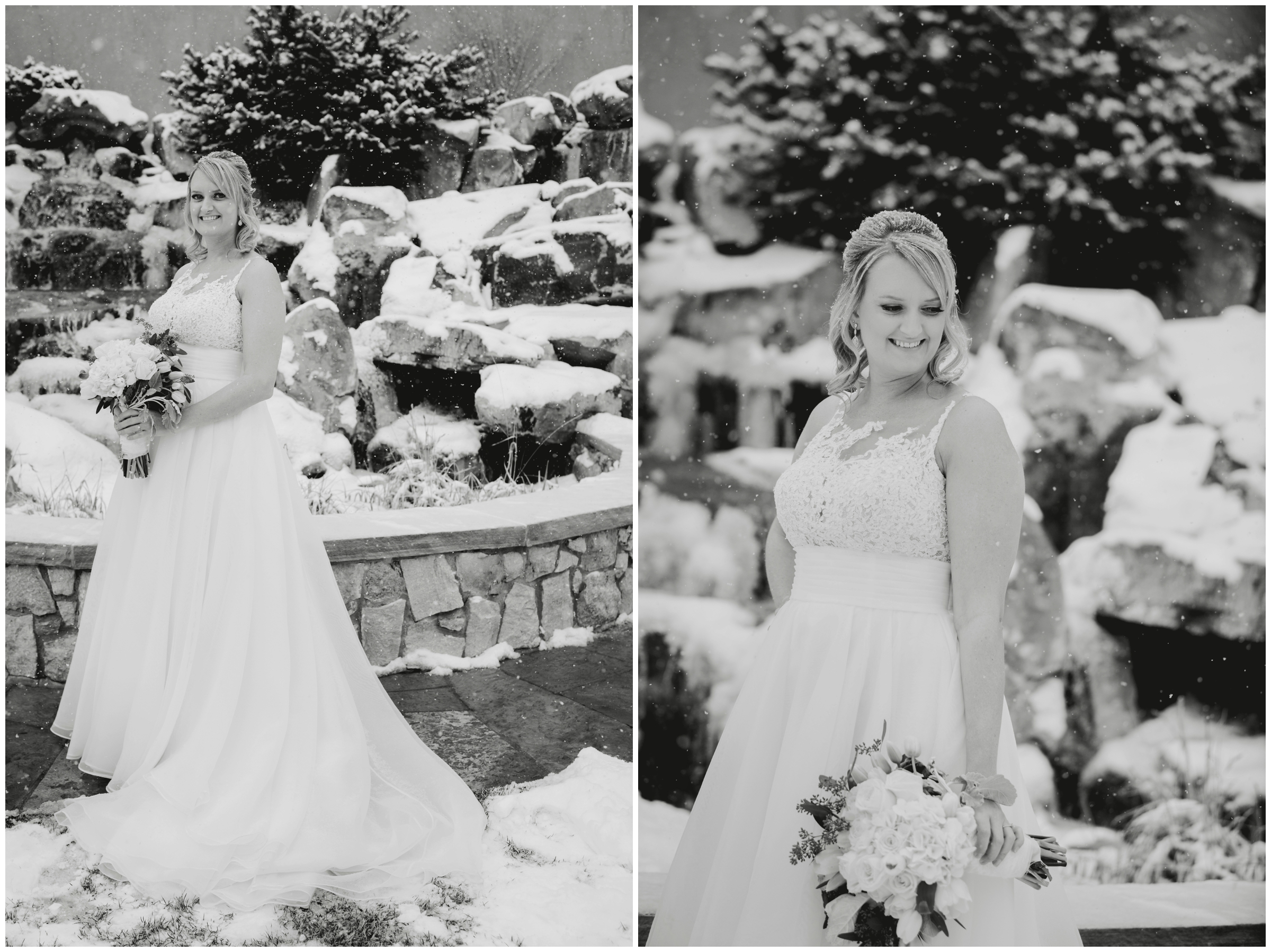 bride posing in the snow during Cielo Castle Pines Colorado wedding 