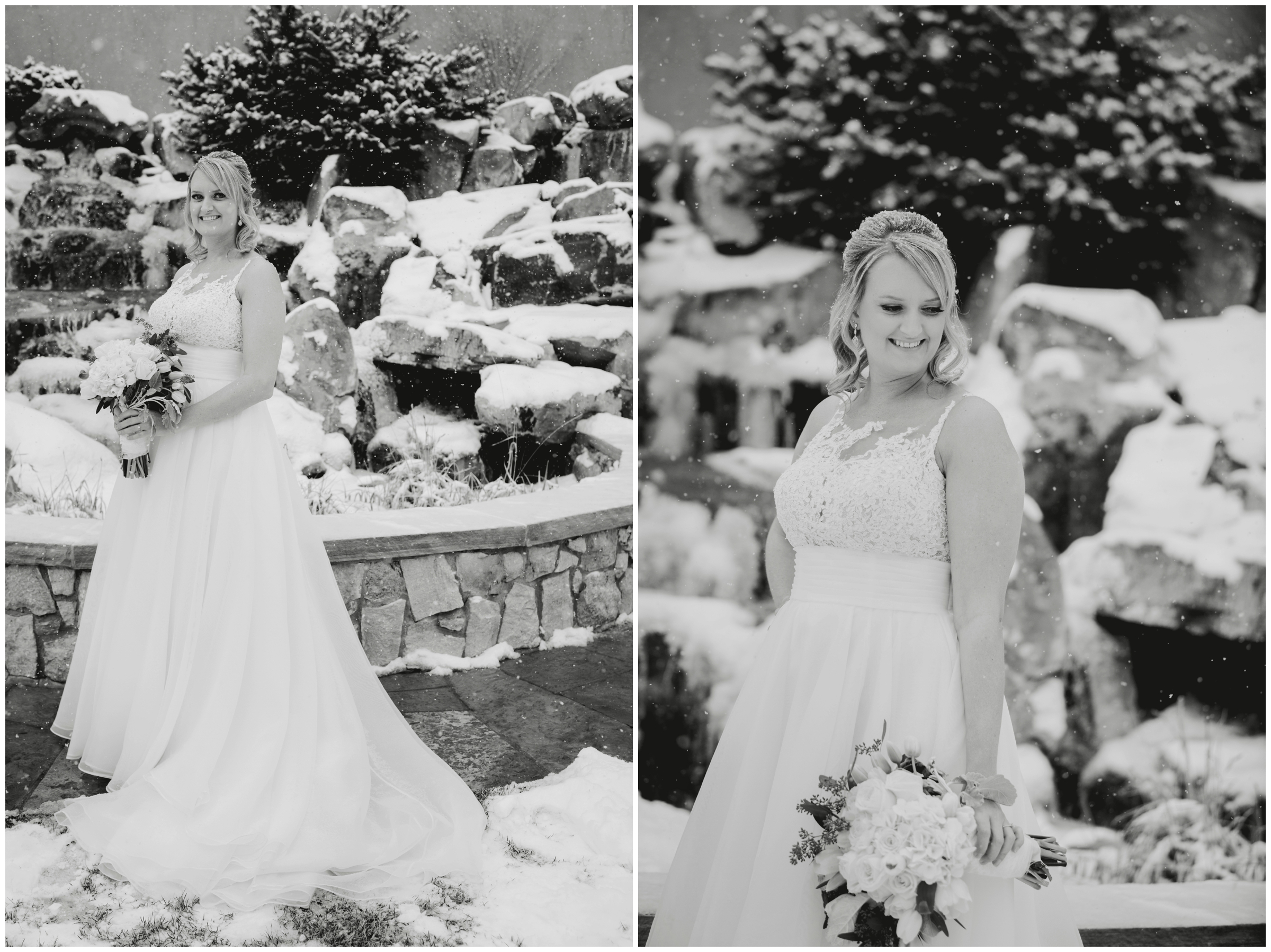 bride posing in the snow during Cielo Castle Pines Colorado wedding