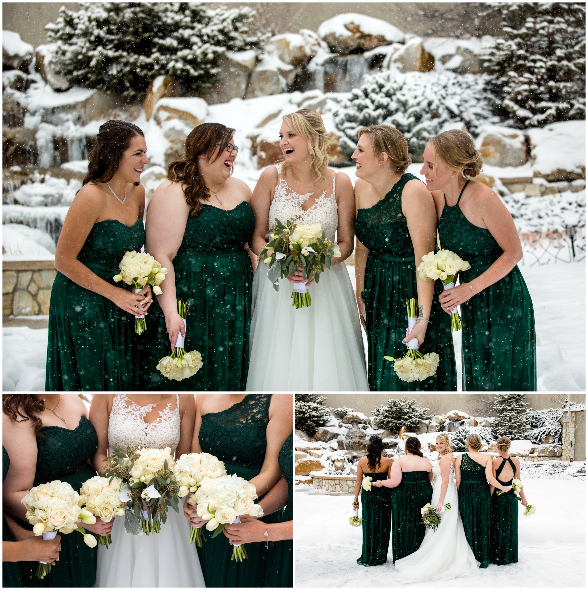 bridesmaids in long green dresses at snowy Colorado winter wedding