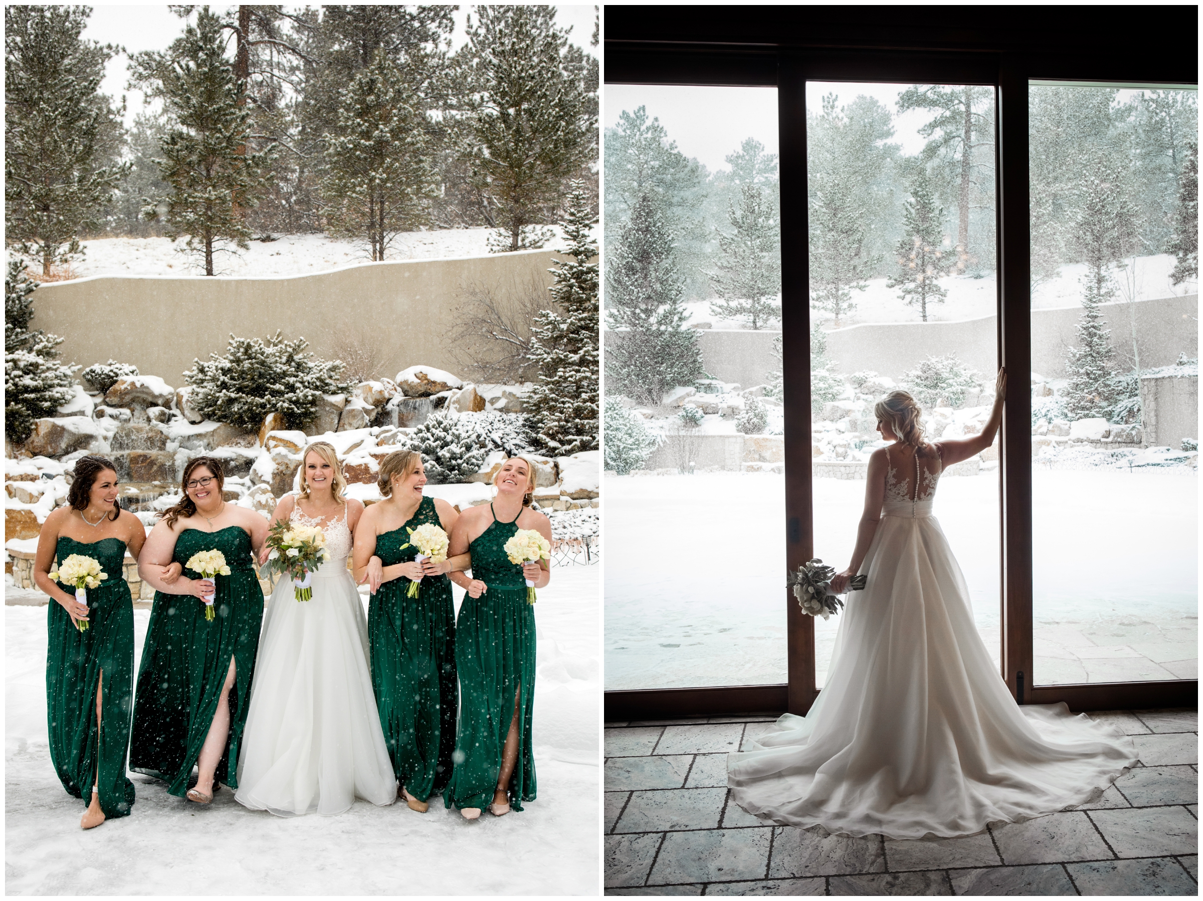bridesmaids in long green dresses walking in snow at Cielo at Castle Pines wedding 