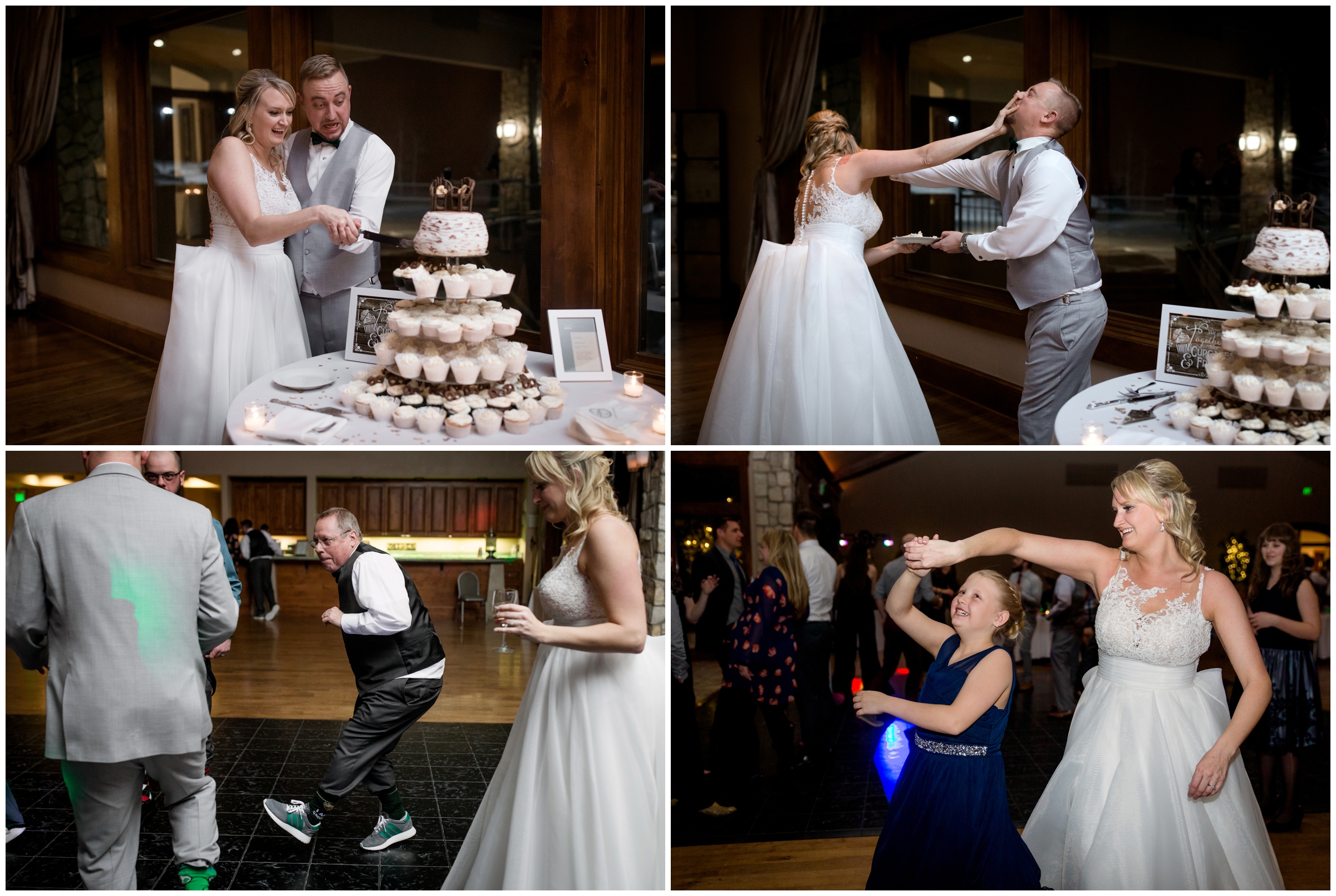 bride smashing cake in groom's face at Colorado winter wedding reception