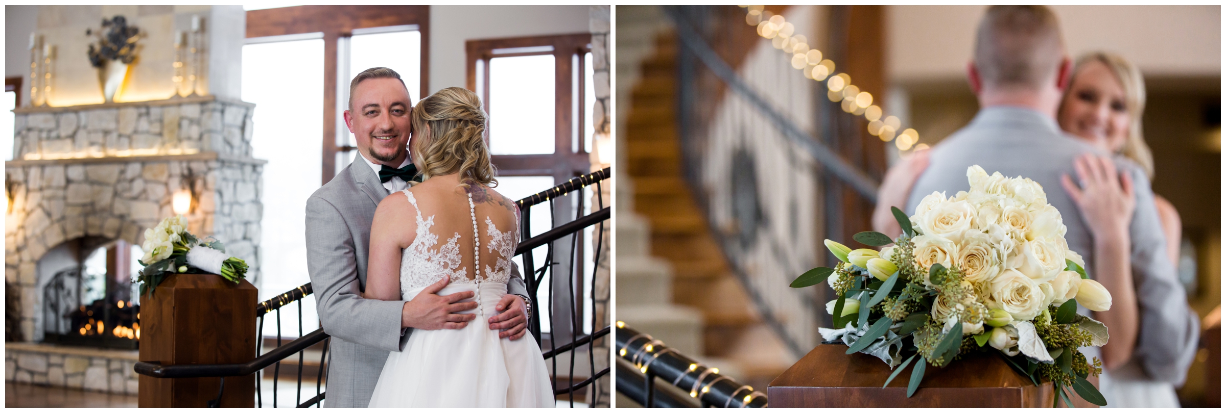 bride and groom on staircase at Castle Pines Colorado wedding 