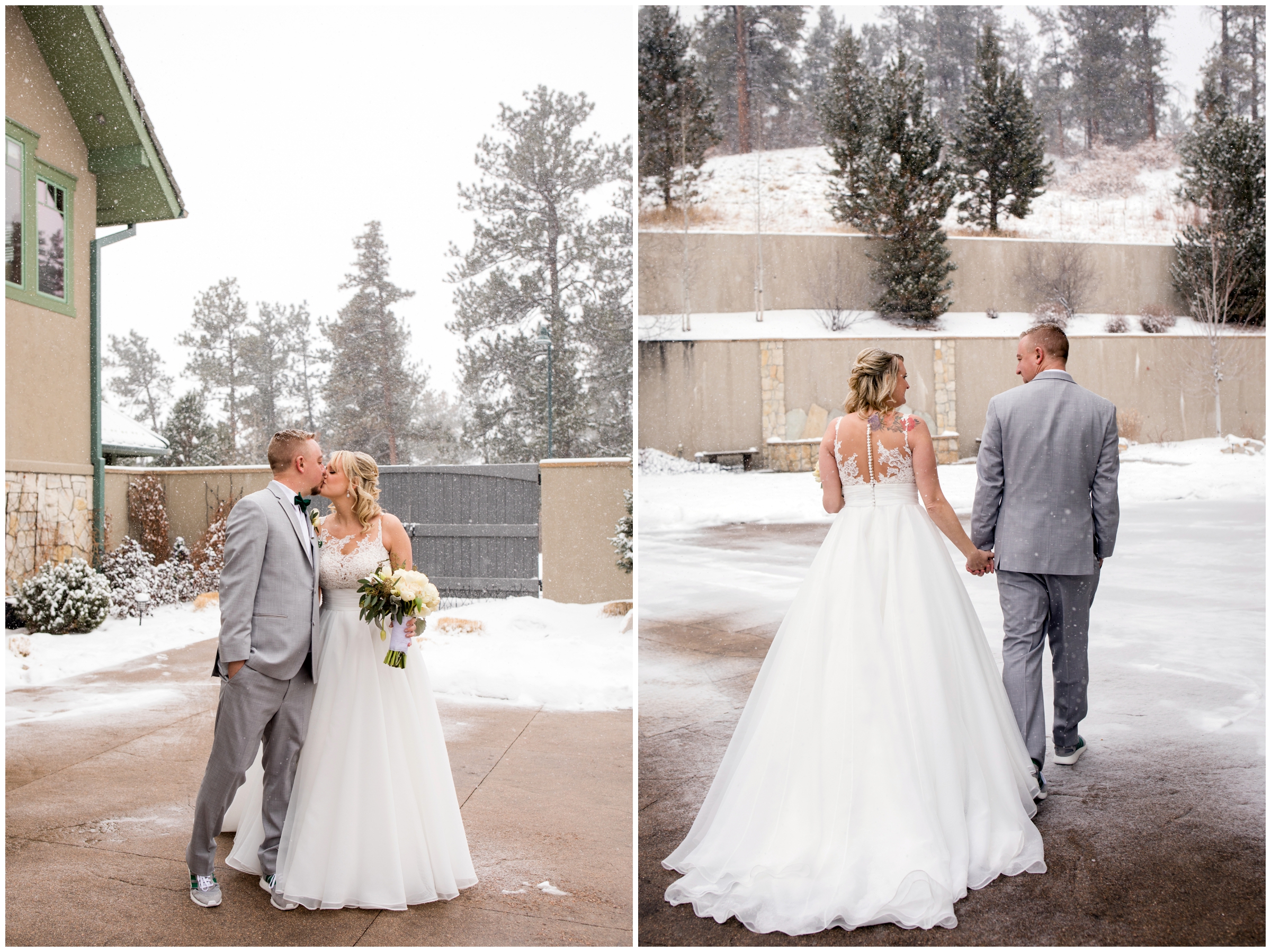 Colorado wedding couple walking in snow 
