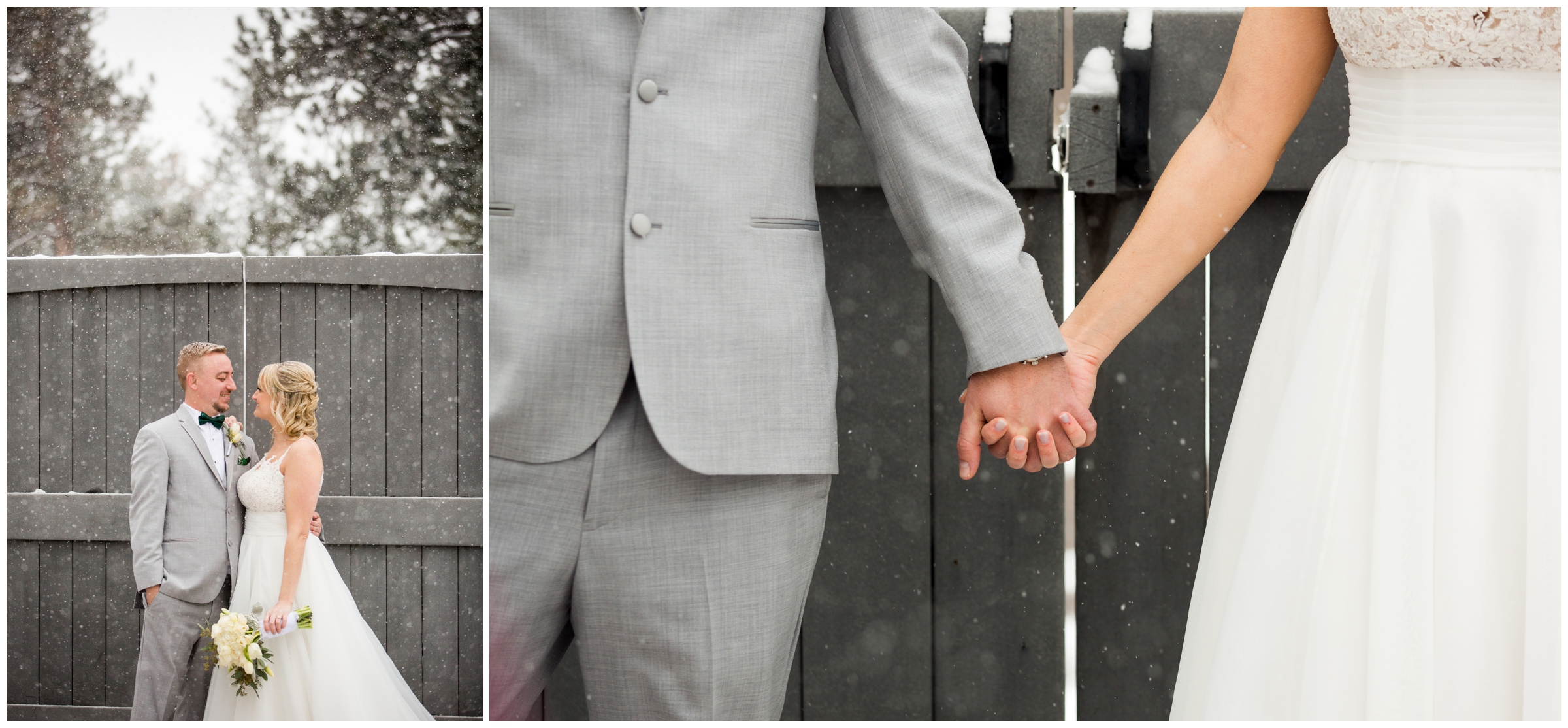 bride and groom holding hands in snow at Castle Pines Colorado wedding