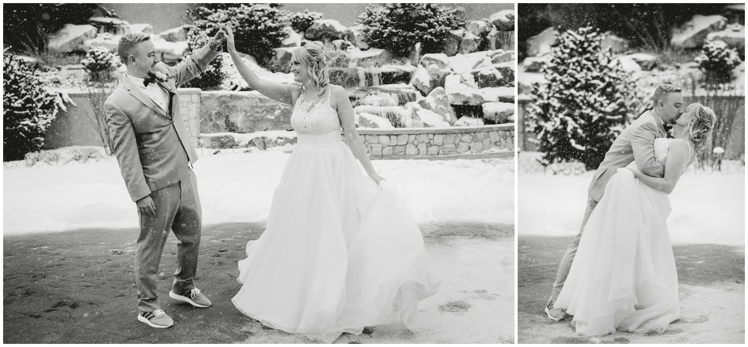 bride and groom dancing in the snow at snowy winter Cielo at Castle Pines wedding 