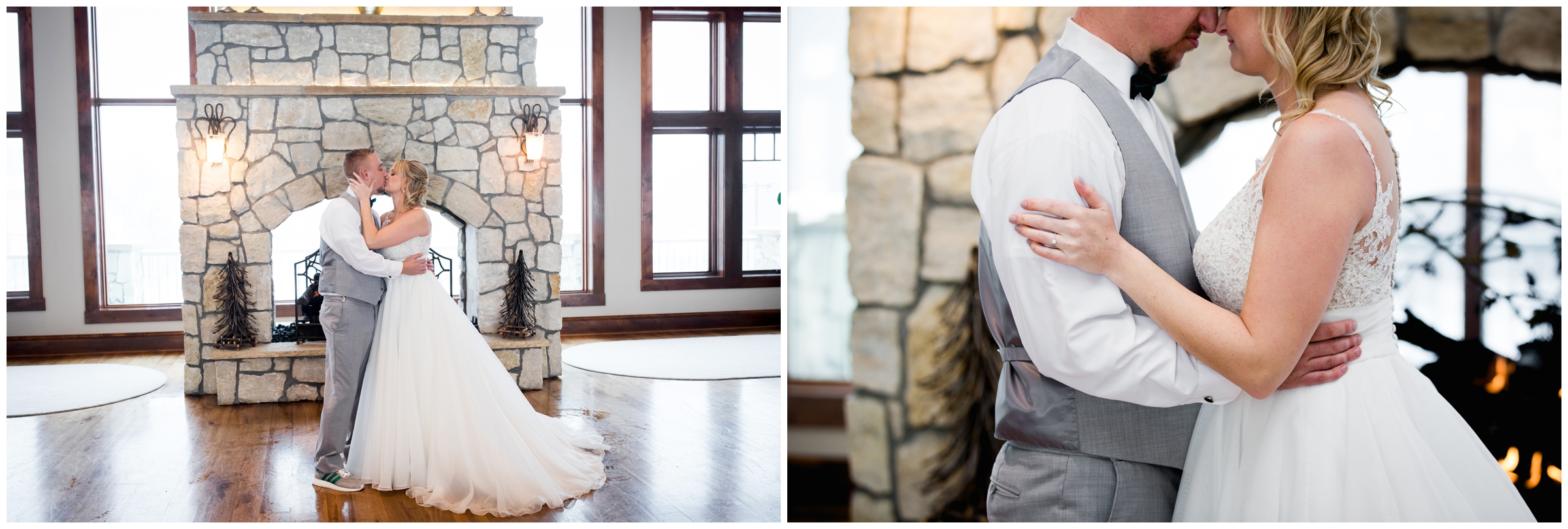 bride and groom kissing in front of fireplace at Castle Pines Colorado wedding