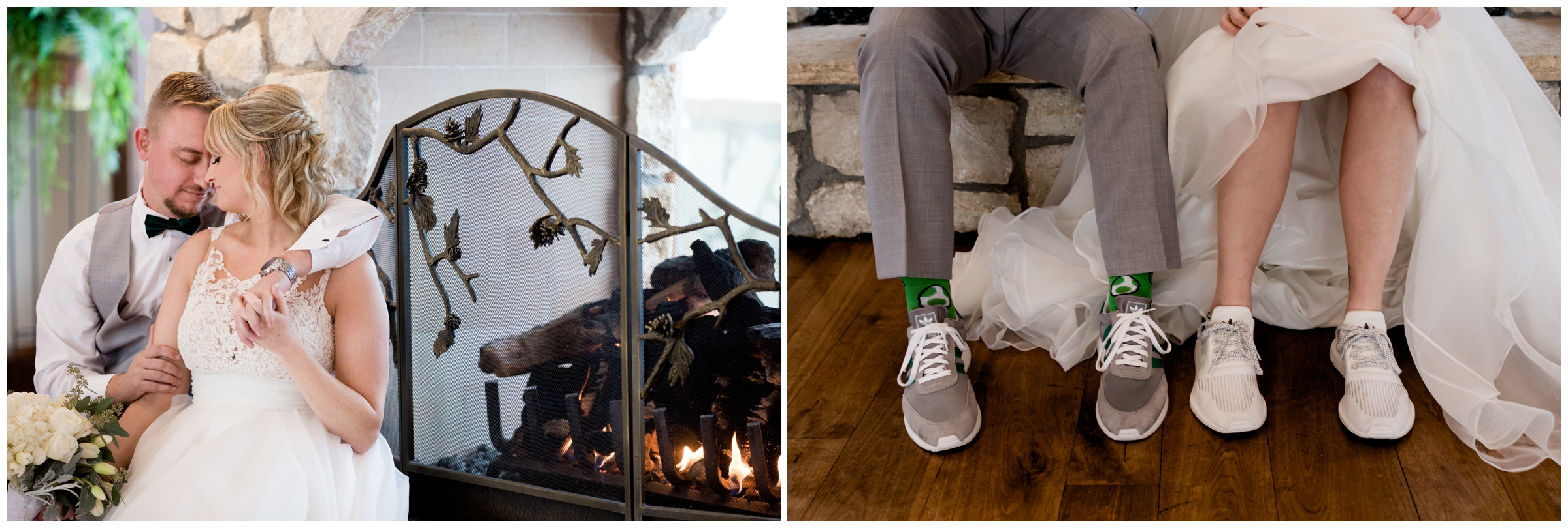 bride and groom sitting around fireplace at Colorado winter wedding