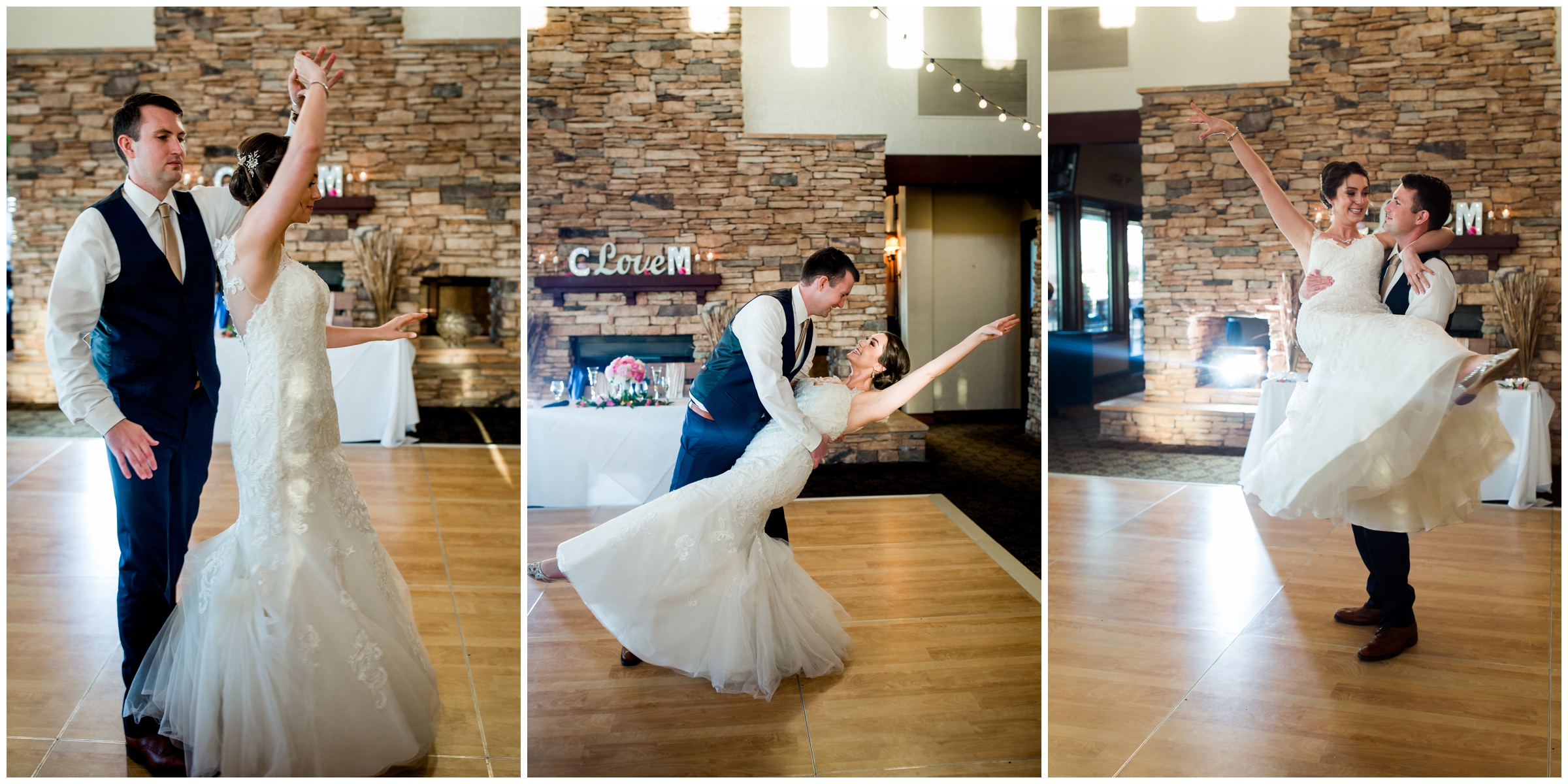 bride and groom doing choreographed first dance at Colorado National Golf Club reception 