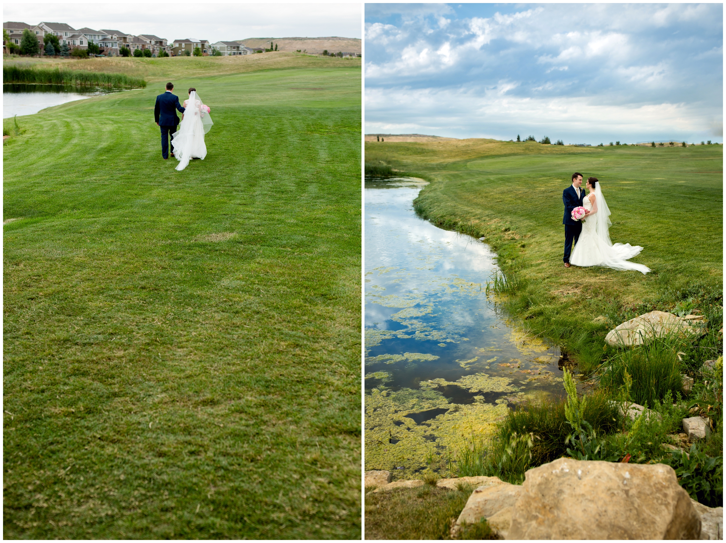 couple walking on golf course at Denver Colorado outdoor wedding