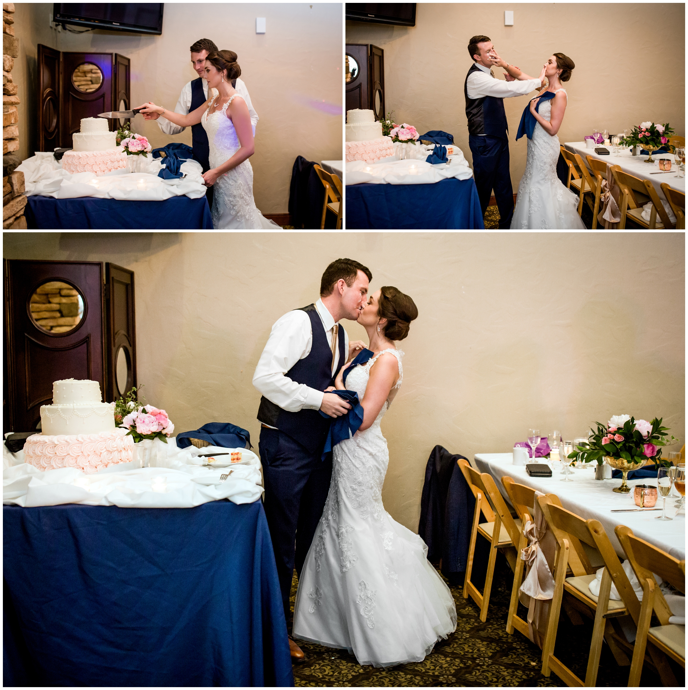 couple smashing cake in faces at Erie Colorado wedding reception