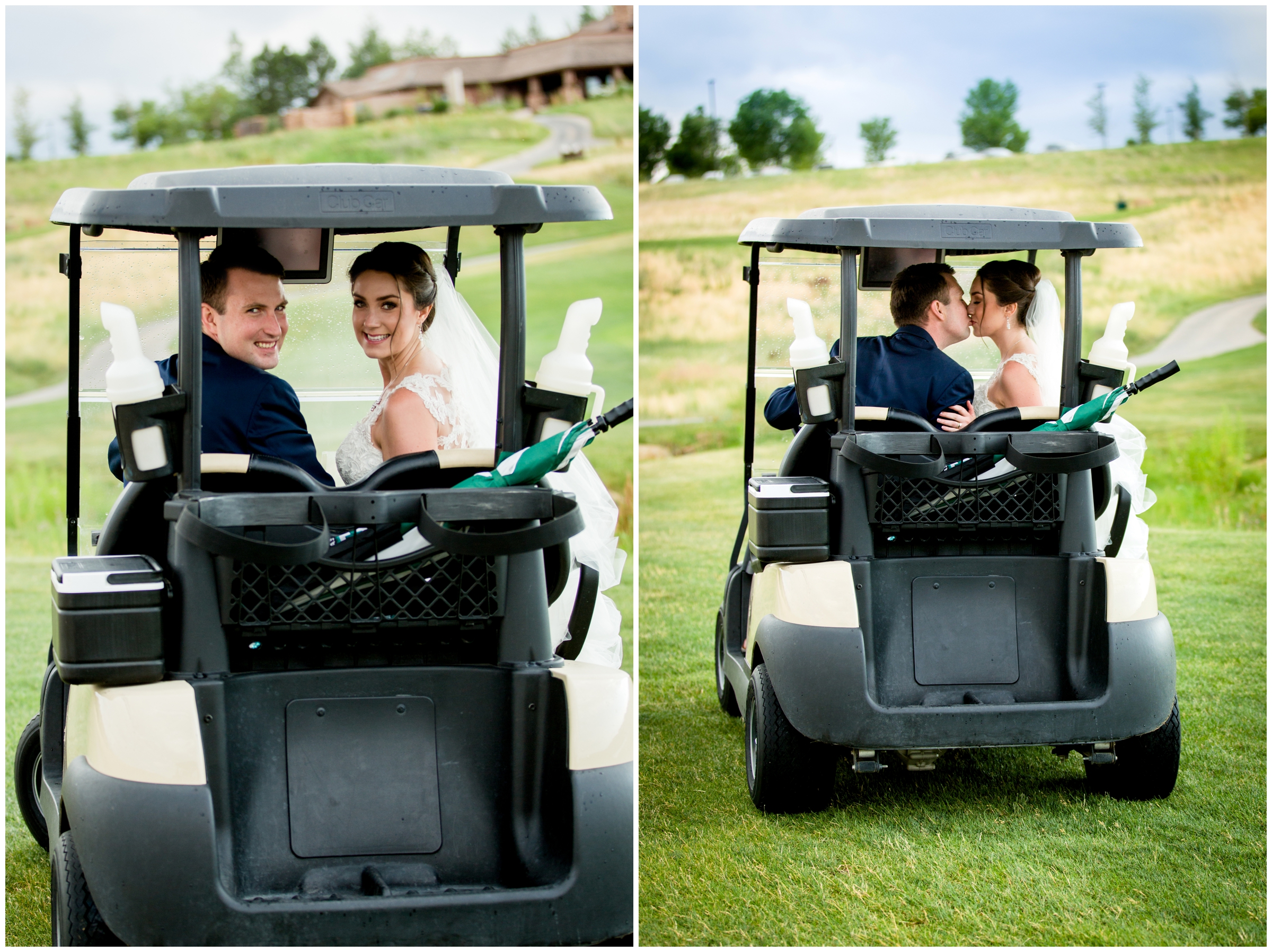 couple riding golf cart in wedding attire at Colorado National Golf Club wedding 