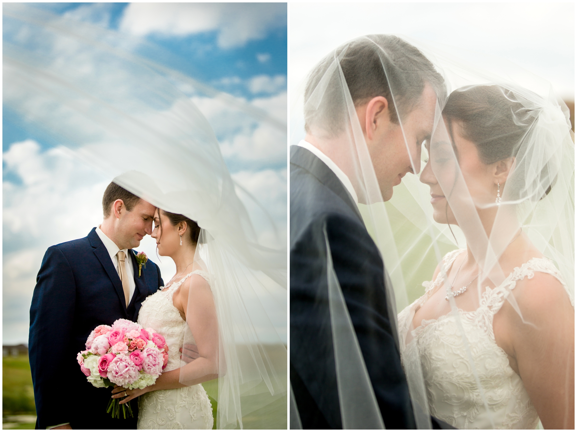 couple kissing under veil at Colorado golf course wedding