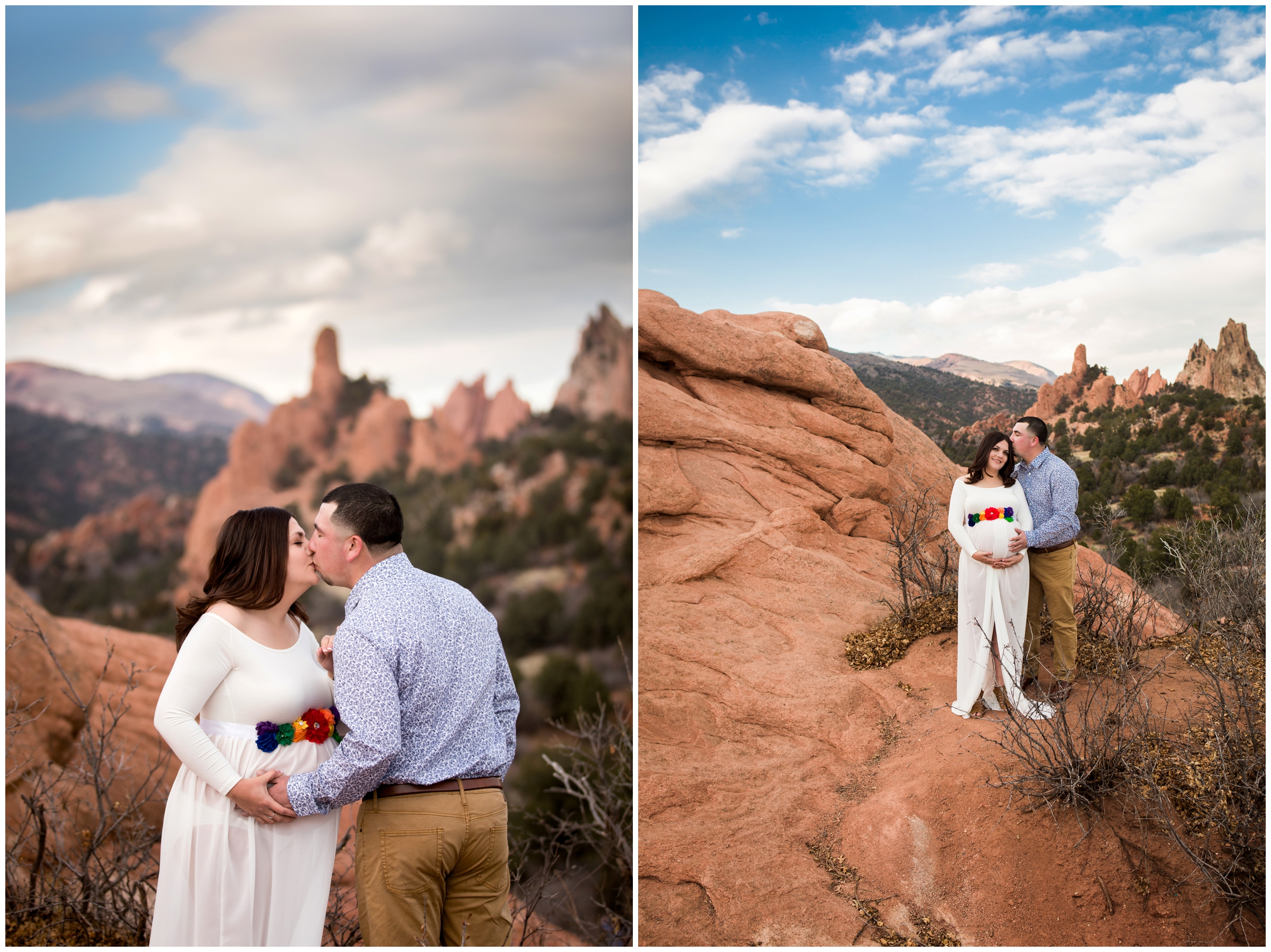 Colorado maternity pictures at Garden of the Gods with red rock formations in background 
