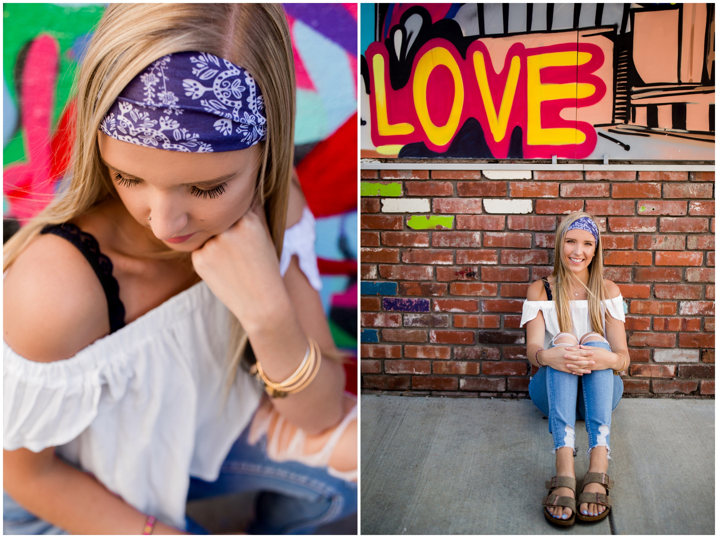 girl sitting against brick wall in Denver Colorado RINO district 