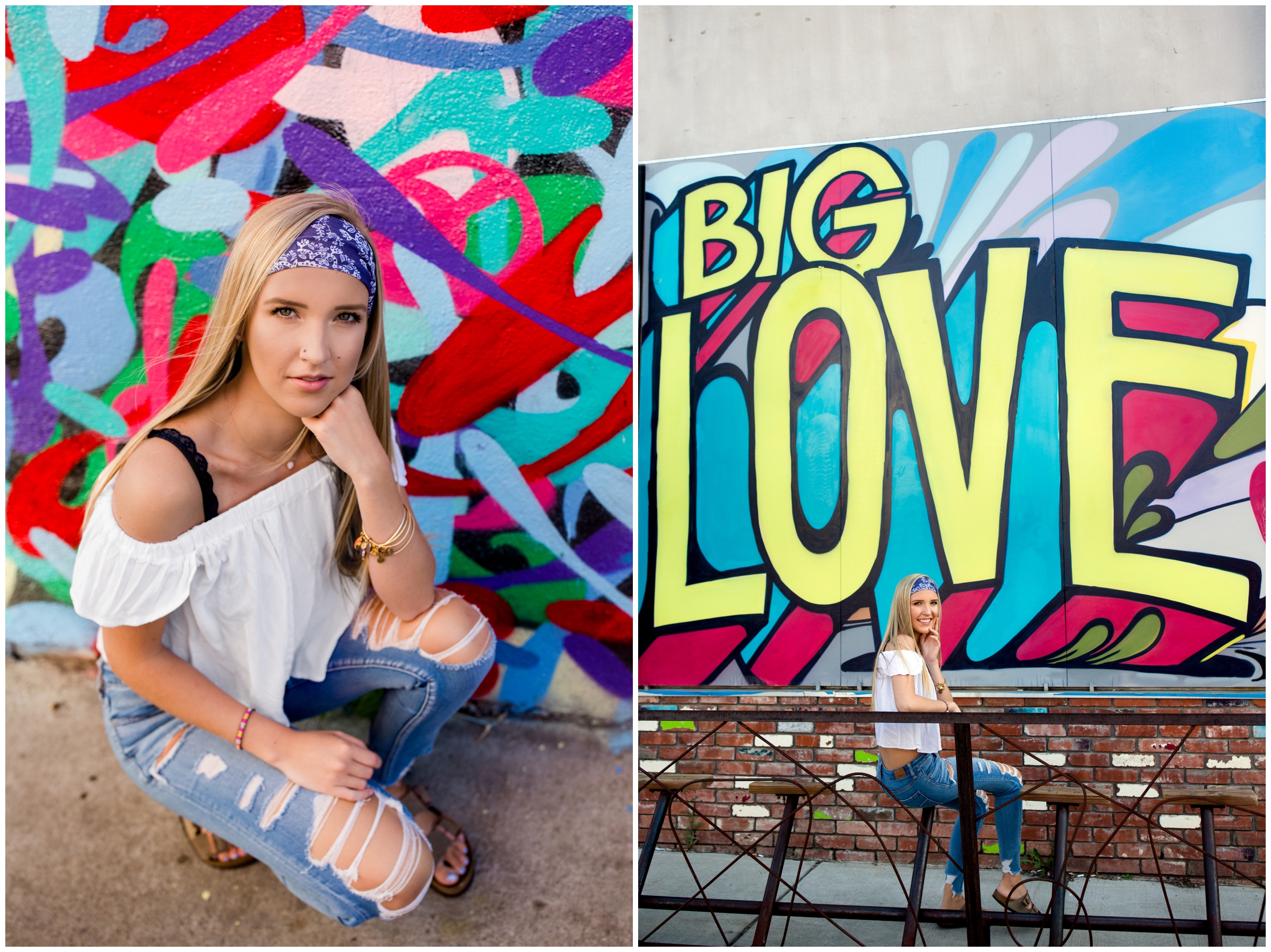 girl posing in front of colorful mural at RINO art district for Colorado senior pictures 