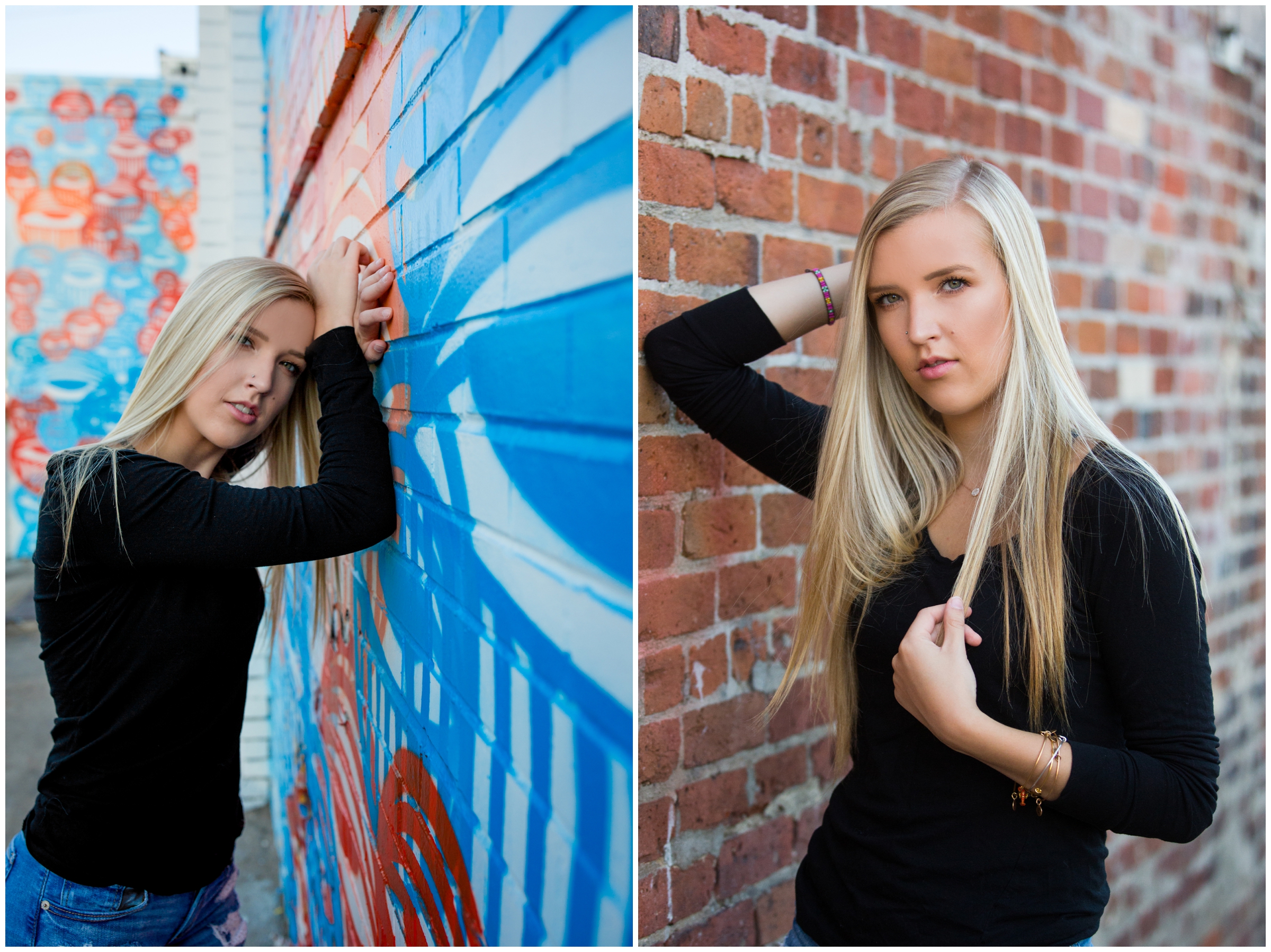 teen girl leaning against brick wall in Denver CO