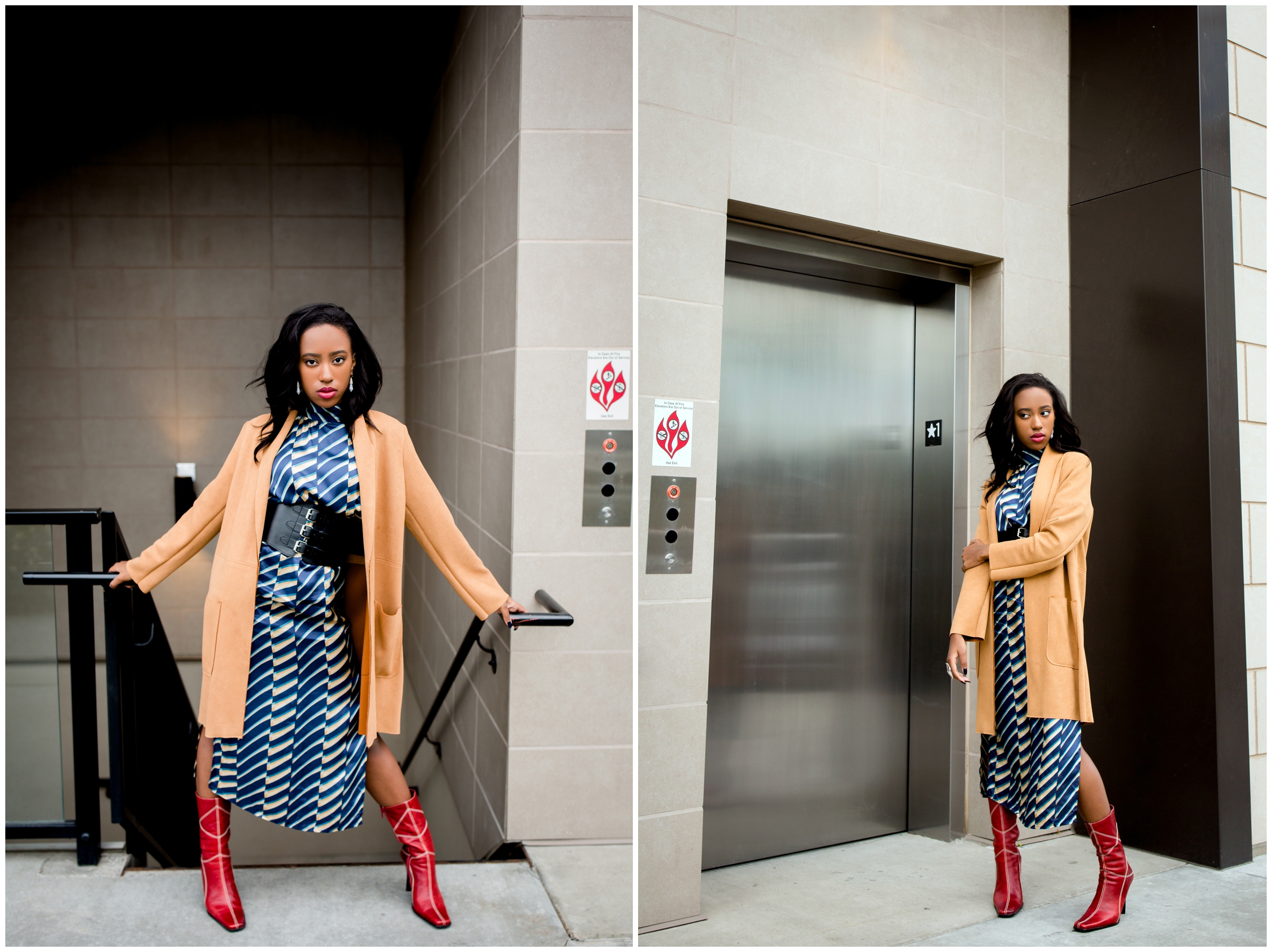 teen girl posing in front of elevator at Denver urban senior photography session 