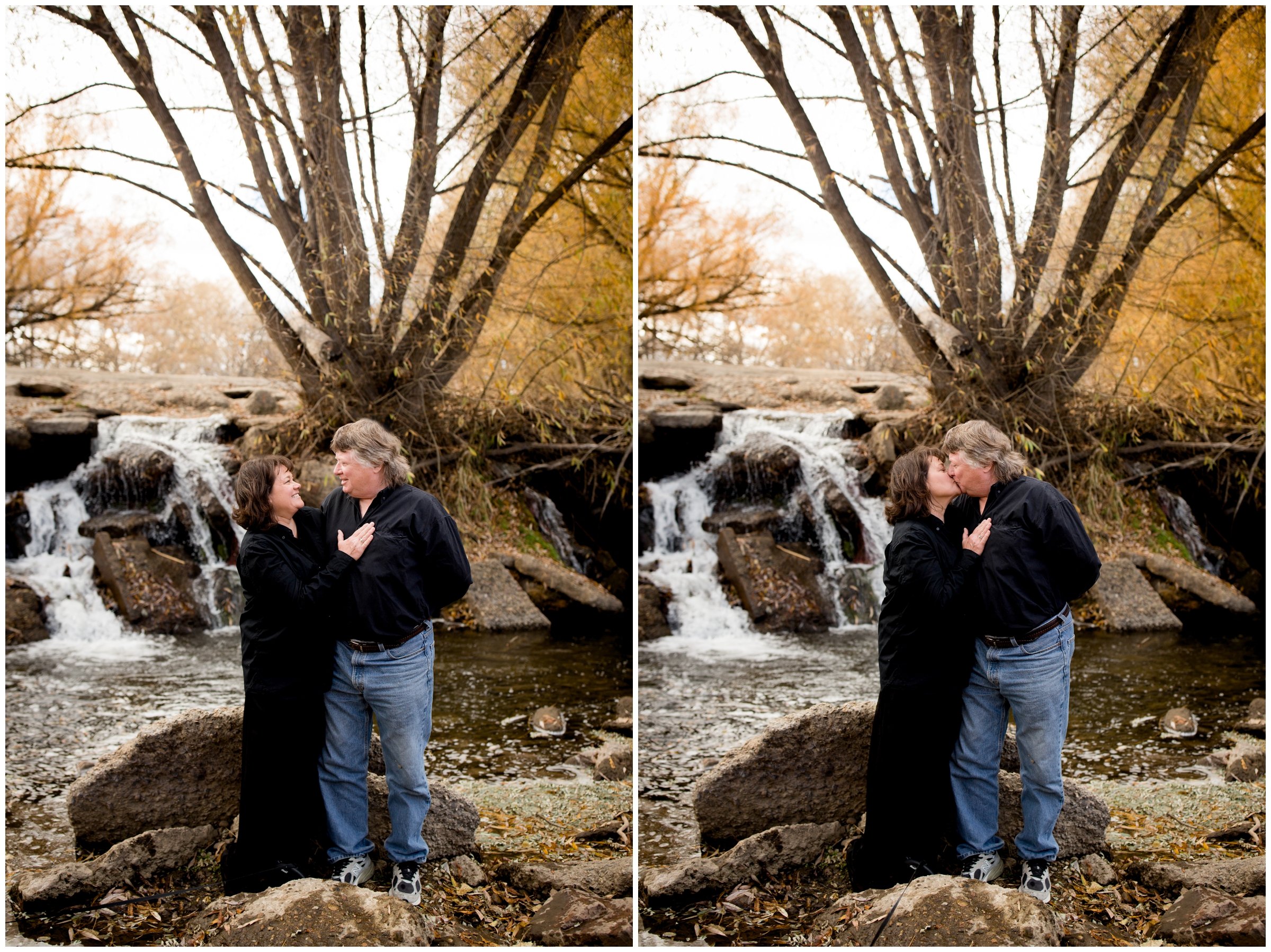 couple kissing in front of small waterfall in Colorado 