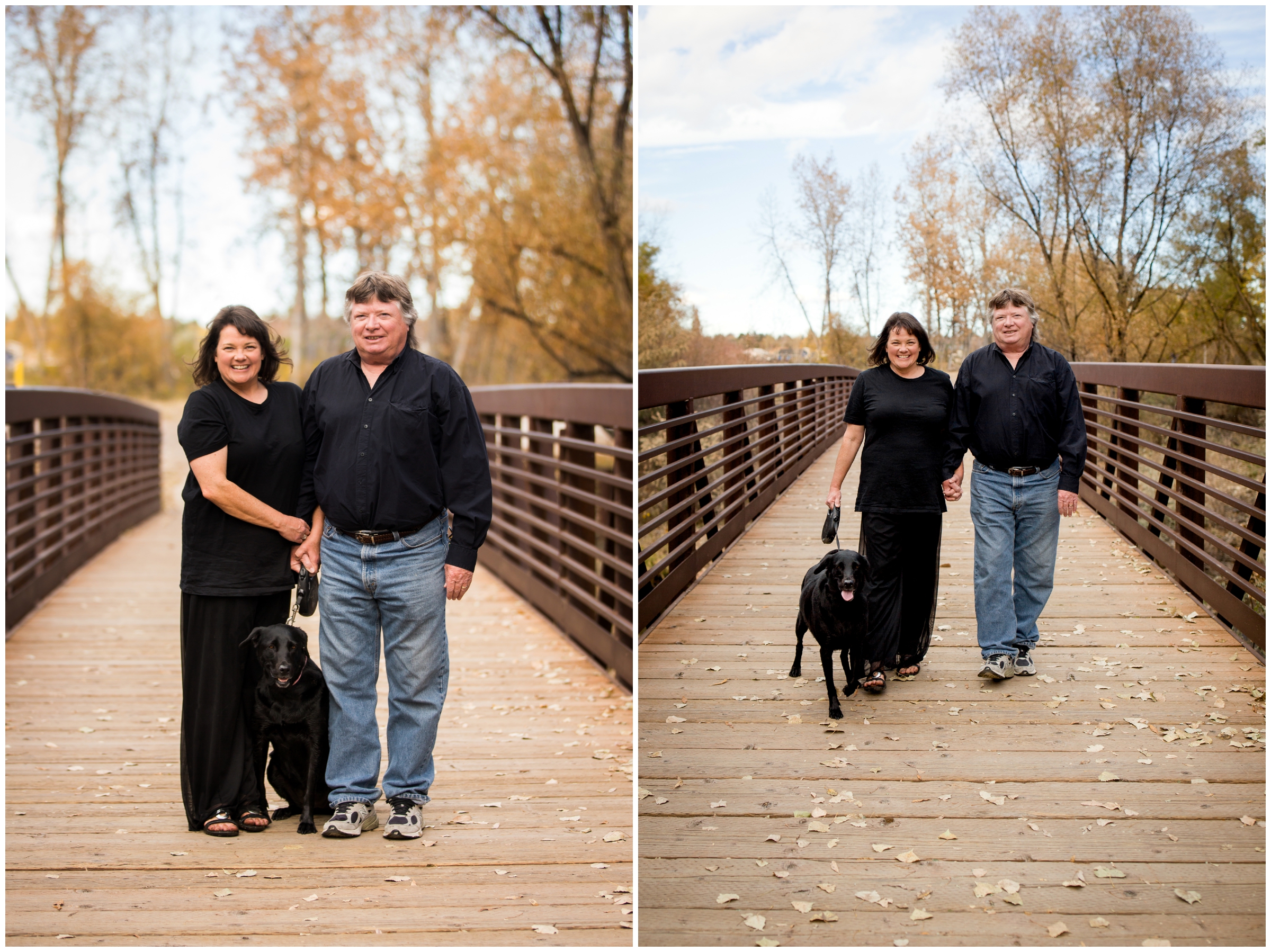 couple walking their dog during Longmont Colorado family pictures at Golden Ponds 