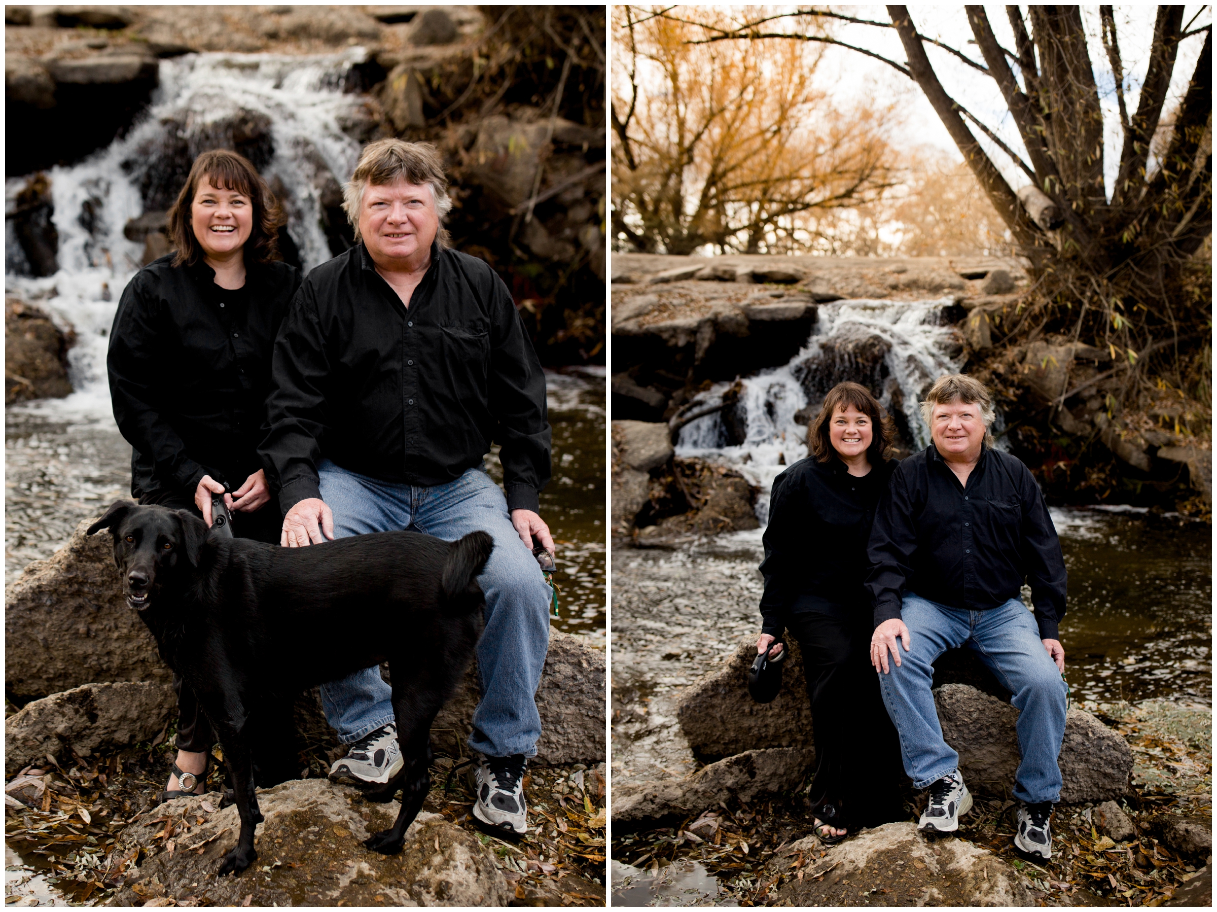couple sitting in front of waterfall at Golden Ponds Colorado family pictures 