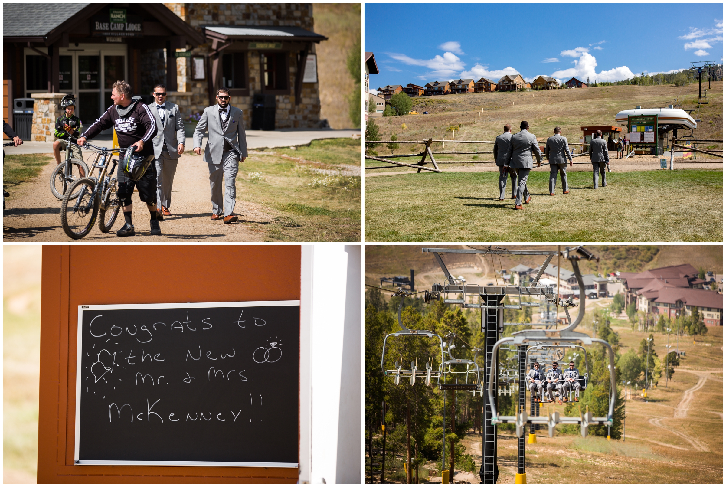 groom and groomsmen riding chairlift at Granby Colorado ski resort wedding 