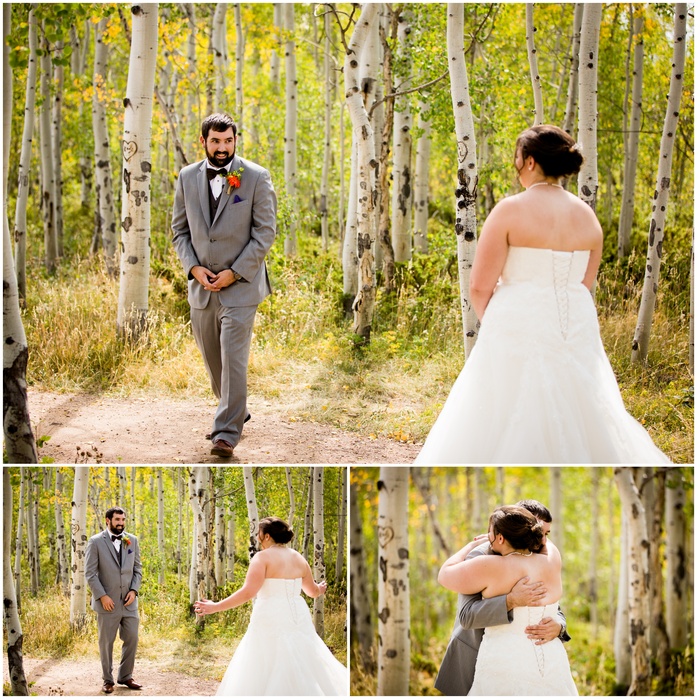 first look in aspen grove at Granby Colorado wedding 