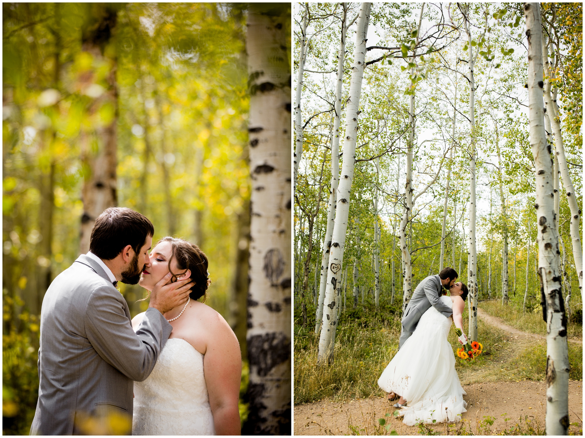 couple kissing in aspen grove at Granby Ranch wedding in the Colorado mountains