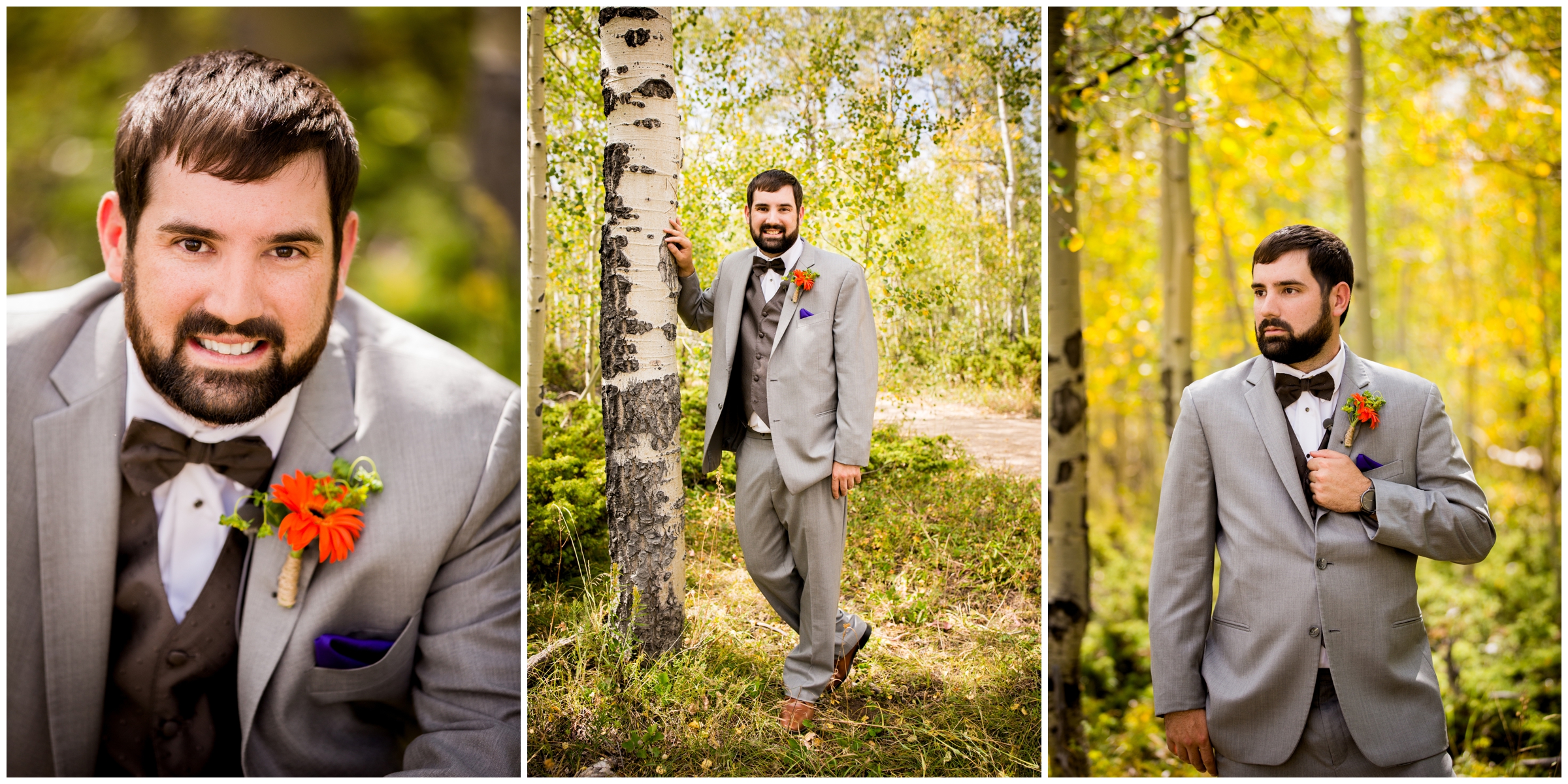 groom posing in aspen grove at Granby Colorado wedding
