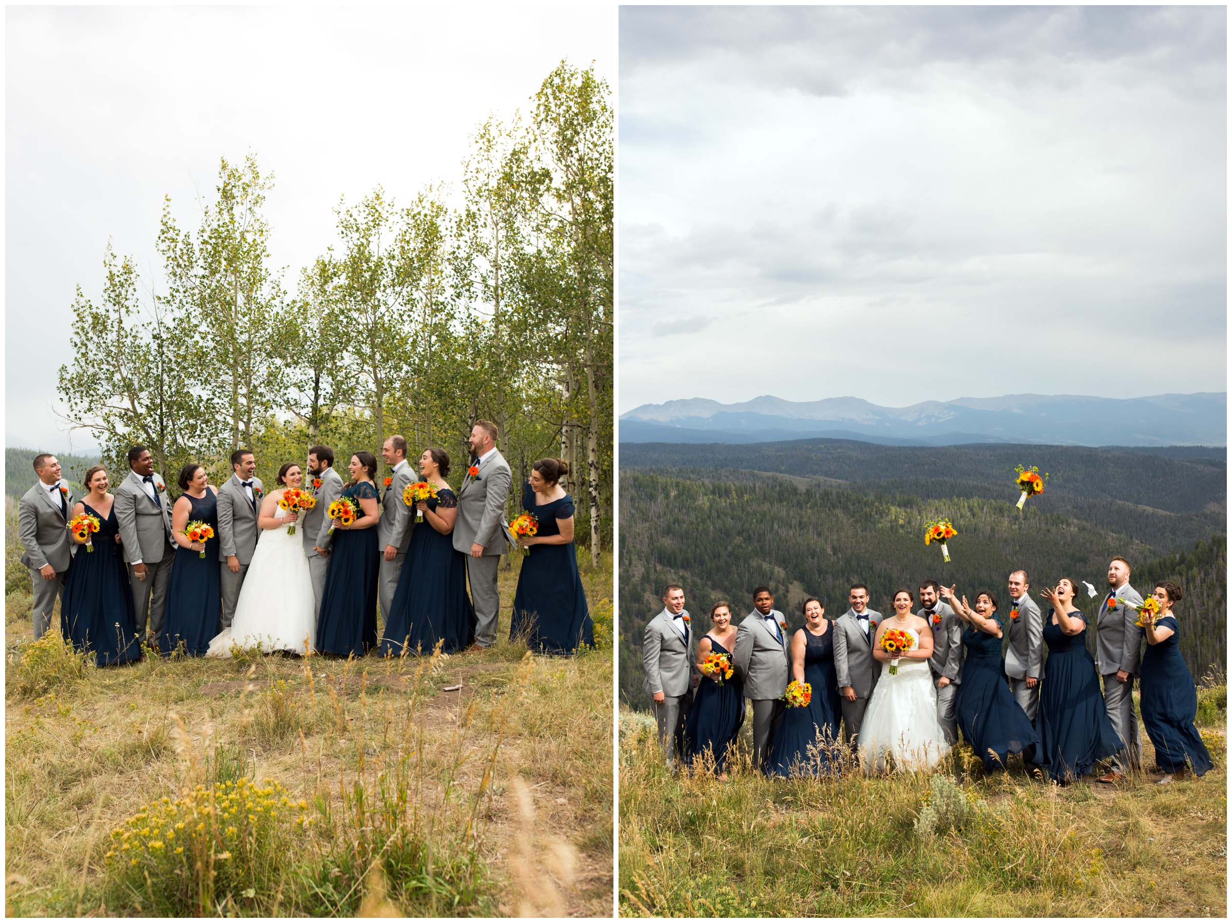 wedding party tossing bouquets in air at Colorado mountain wedding