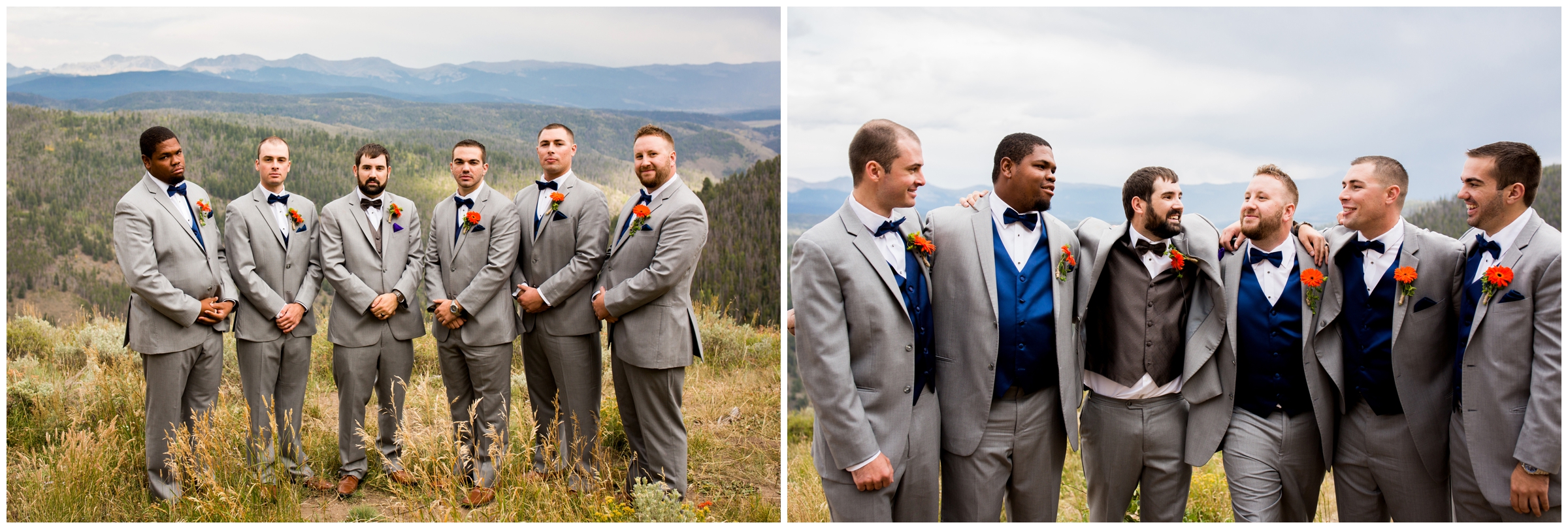 groomsmen in gray and blue posing with Colorado mountains in background 
