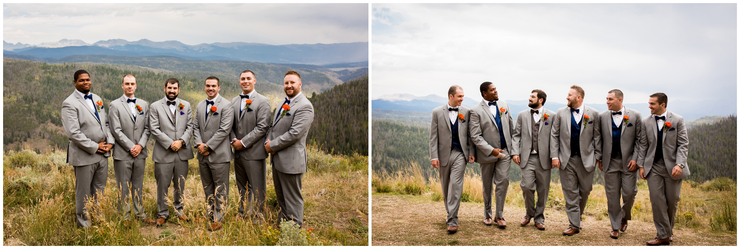 groomsmen walking during Granby Colorado wedding photos 