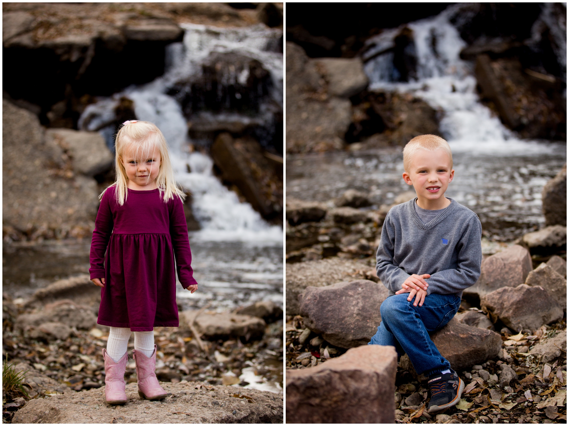 kid posing in front of waterfall in Longmont Colorado 