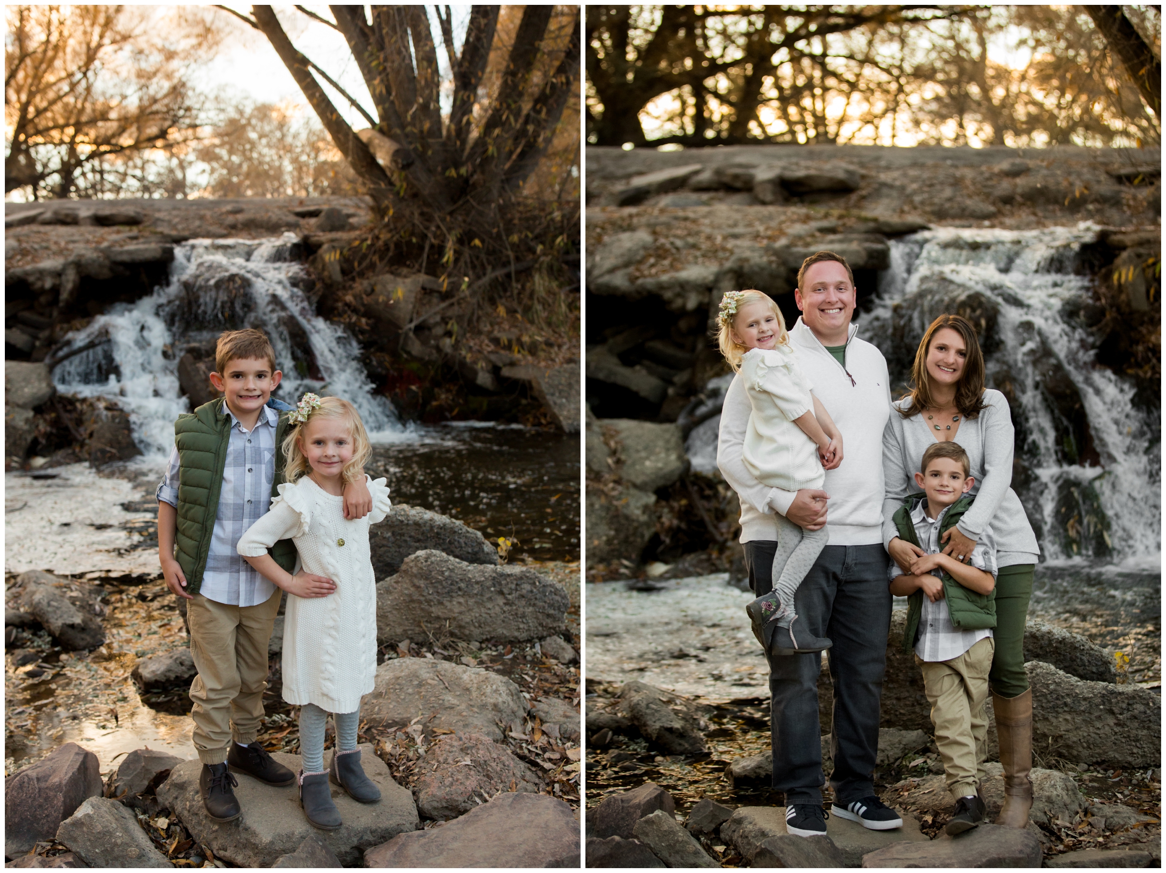 family posing in front of waterfall at fall Colorado family pictures
