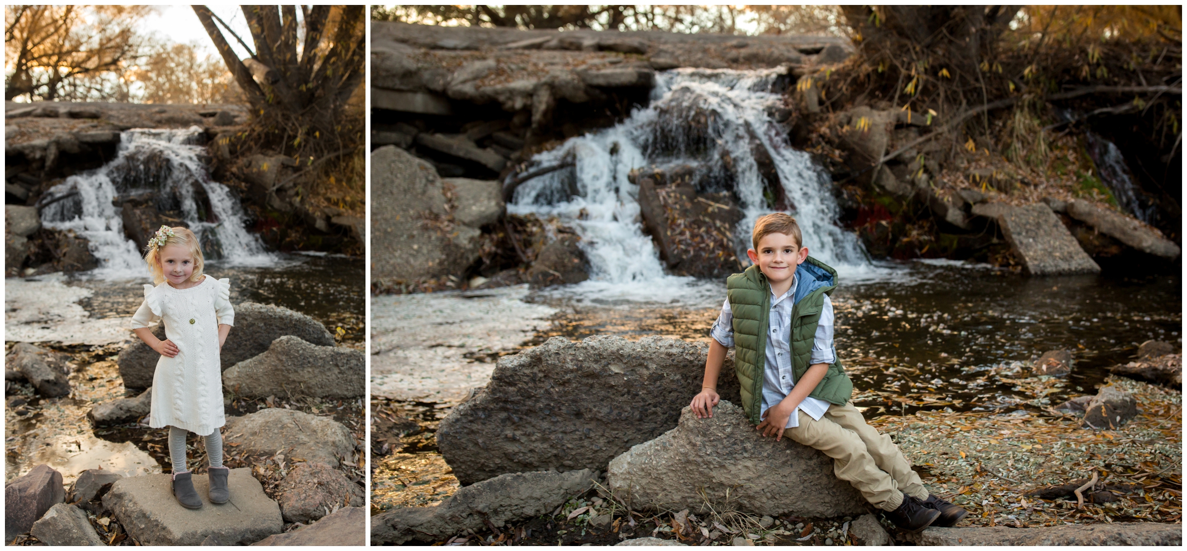 kids posing at Golden Ponds Longmont waterfall 