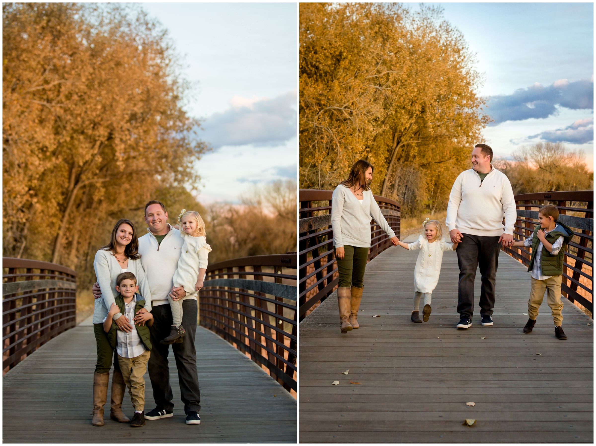 family walking on bridge at fall Longmont Colorado family photography at Golden ponds nature area by portrait photographer Plum Pretty Photography