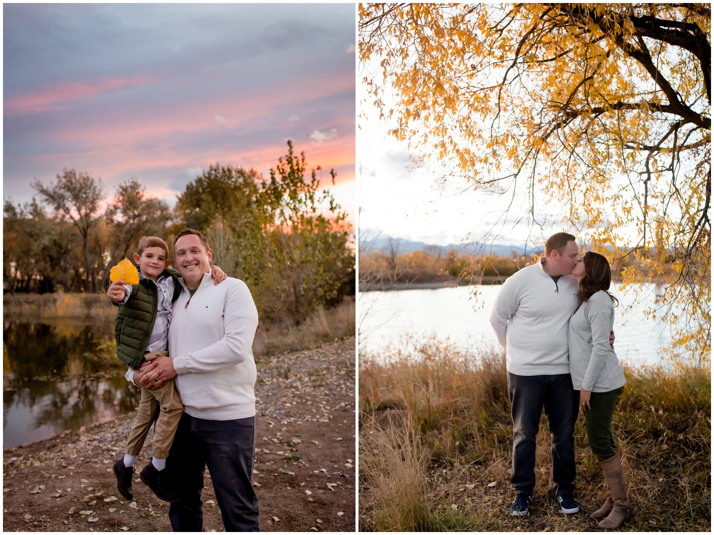 couple kissing by a lake in Longmont