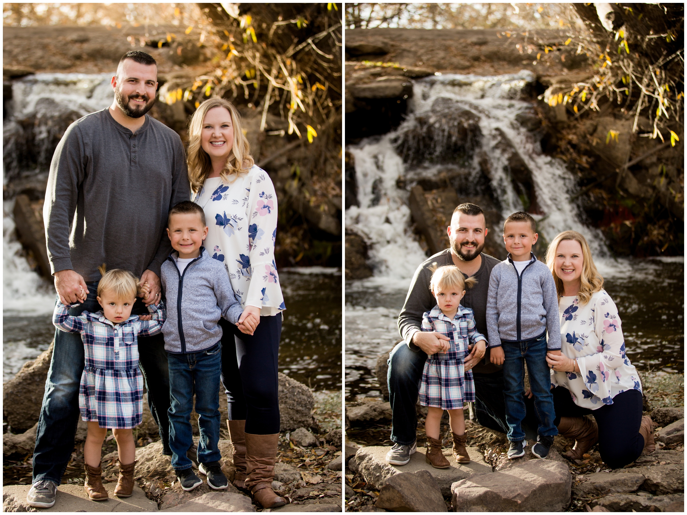Longmont Colorado family pictures by waterfall at Golden Ponds by portrait photographer Plum Pretty Photography