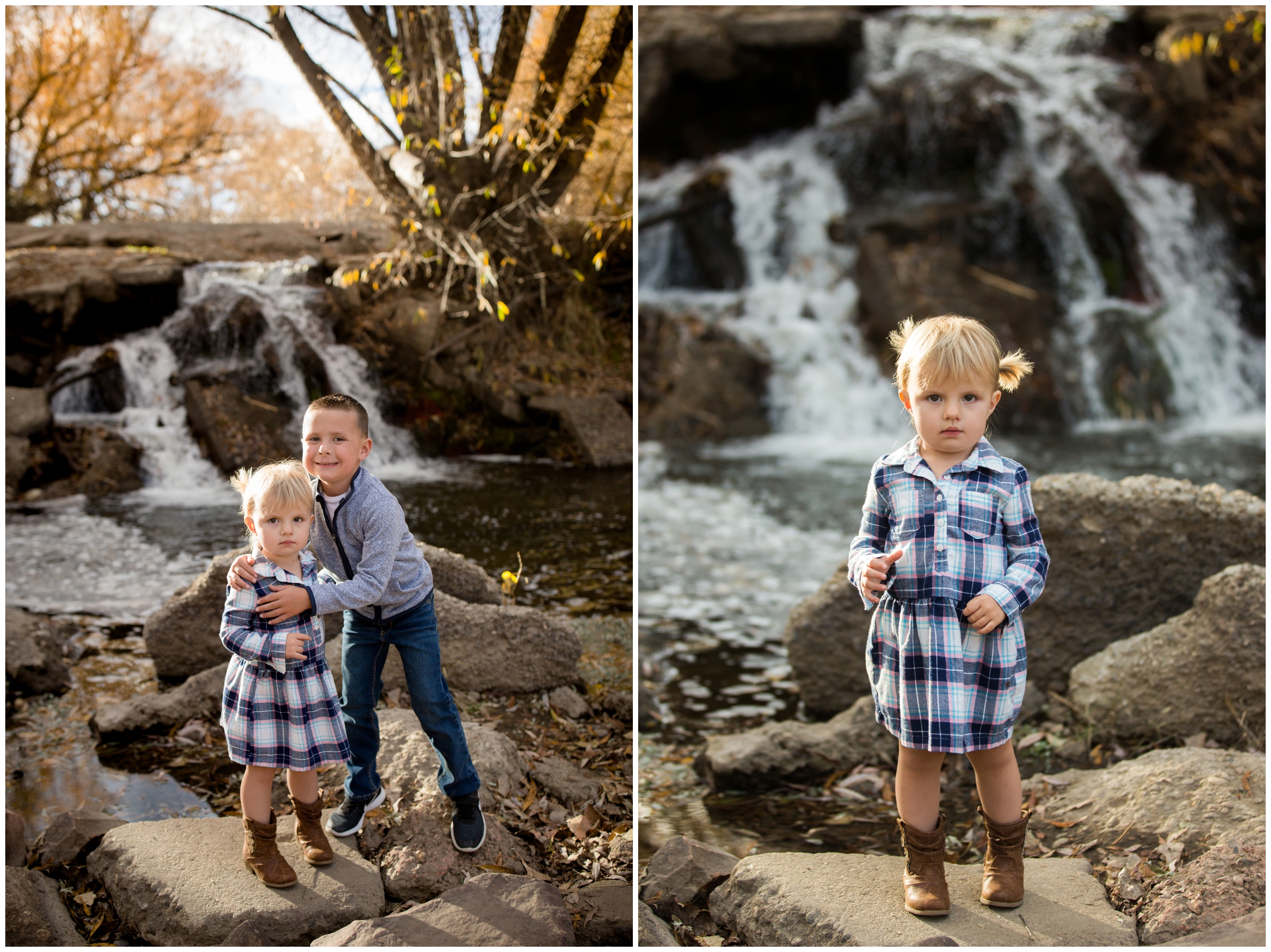 Longmont Colorado children's portraits by waterfall 