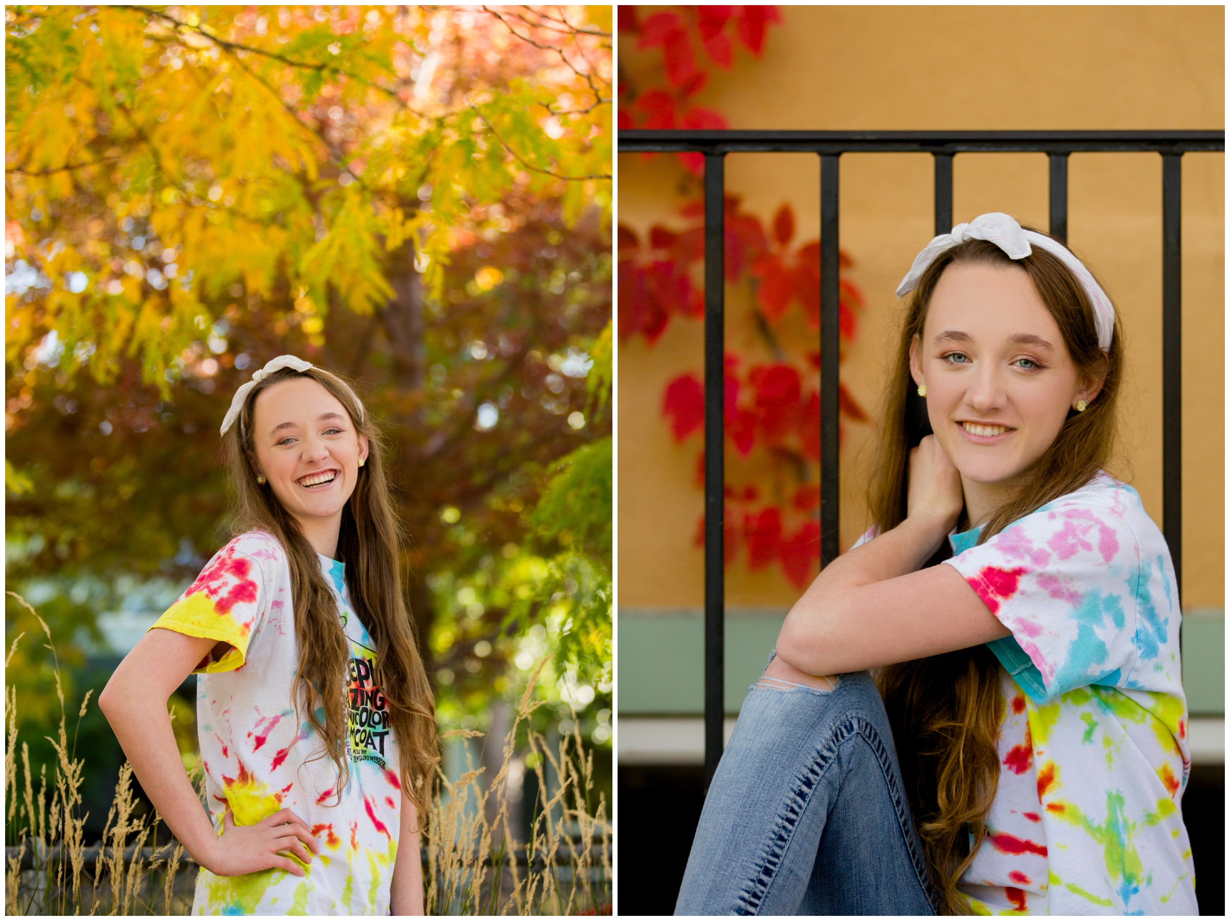 Longmont High School teen posing in front of colorful fall foliage at Colorado senior photography session 