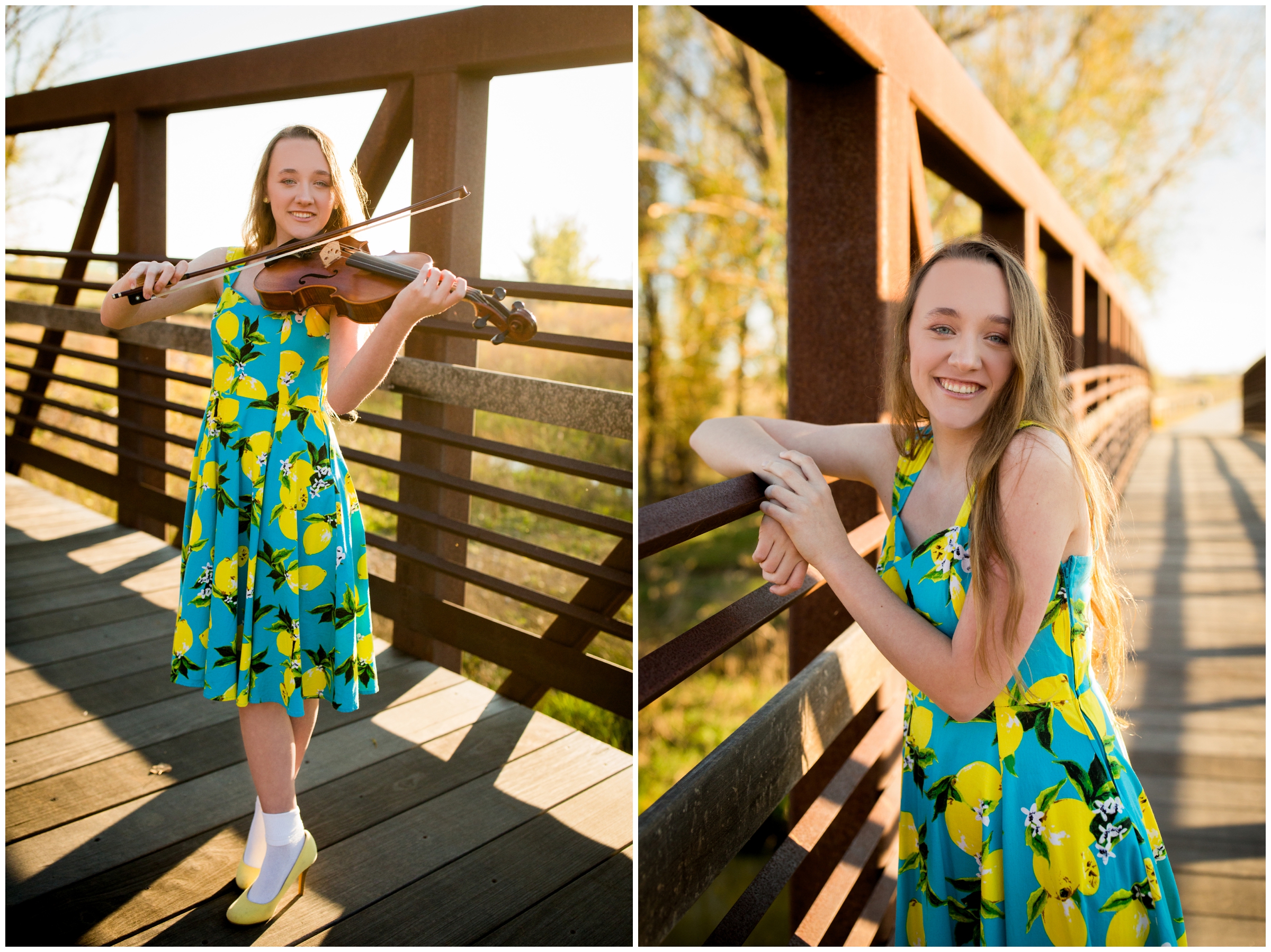 teen girl posing on bridge with violin during Colorado senior photos 