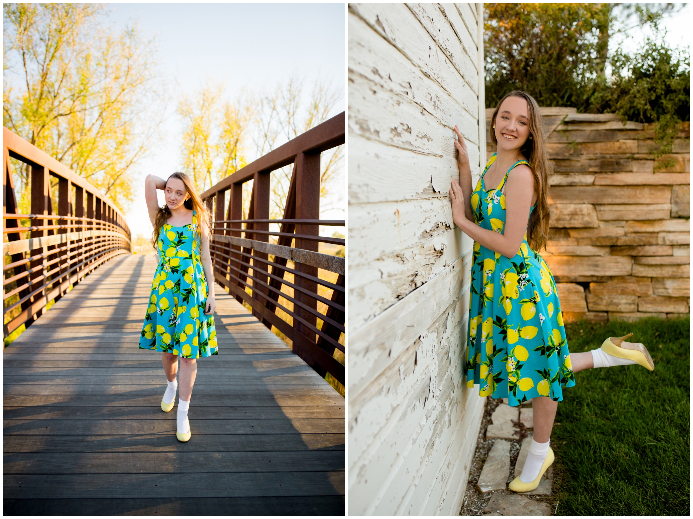 teen girl wearing 50's style lemon dress during Colorado senior photographs 